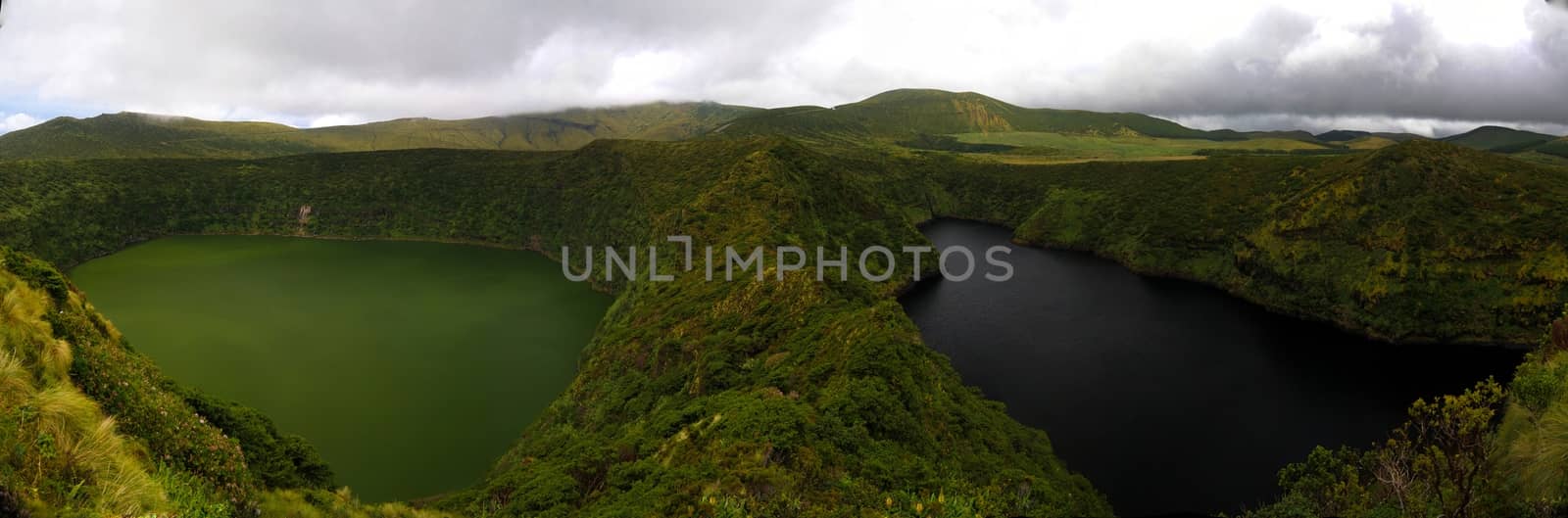 Aerial view to Comprida and Negra lakes , Flores island in Azores. Portugal
