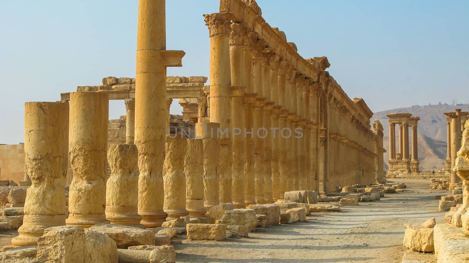 Panorama of Palmyra columns Tetrapylon and ancient city, destroyed by ISIS, Syria