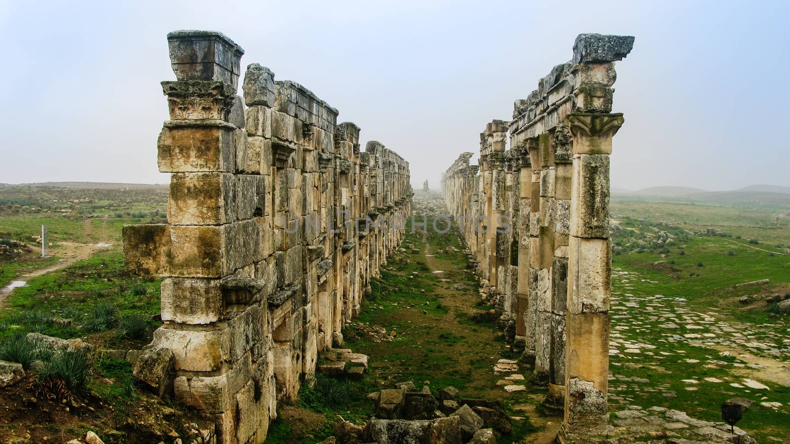 Great Colonnade at Apamea in fog, partially destroyed, Syria