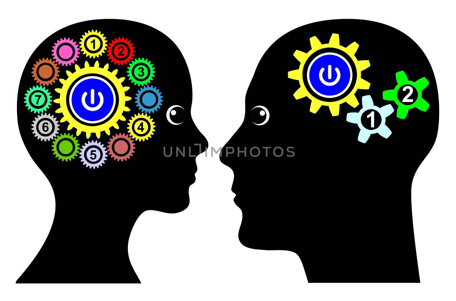 Man and woman with different thinking patterns, multitasking or single tasking when making decision or solving problems