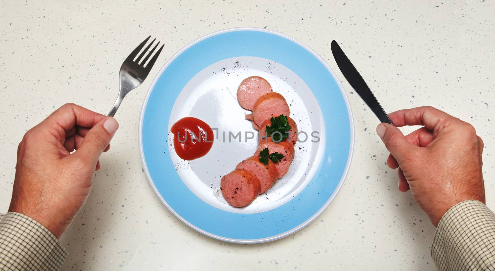 portion of meat dish on plate and hands with tableware