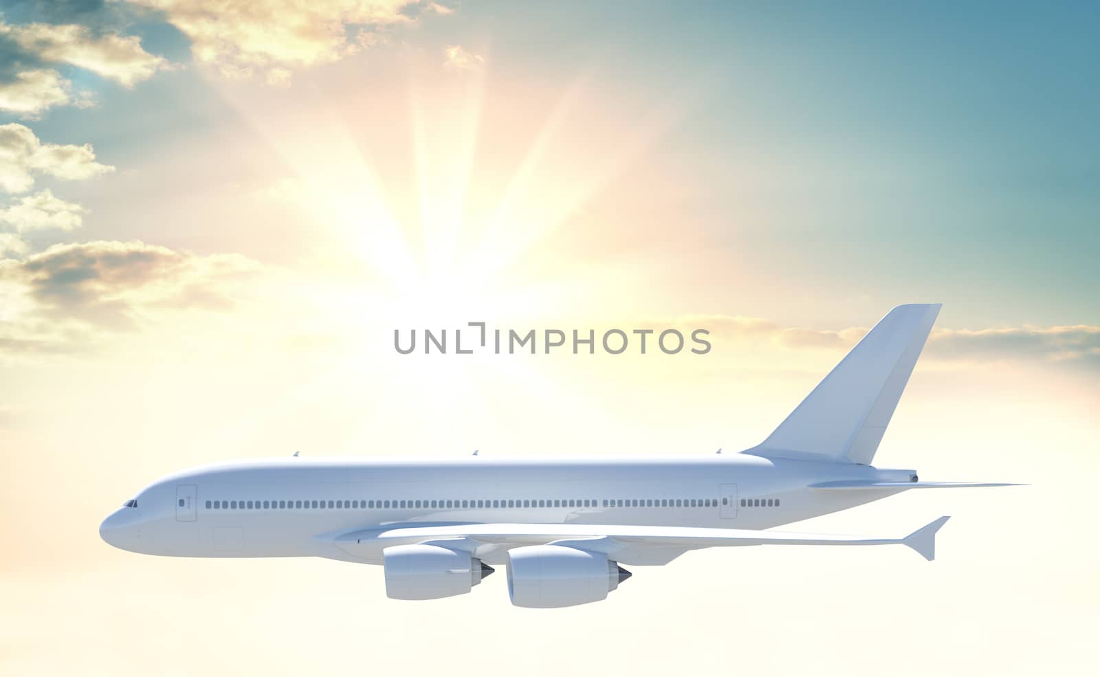Commercial passenger airplane on beautiful colorful sunset background. 3d illustration