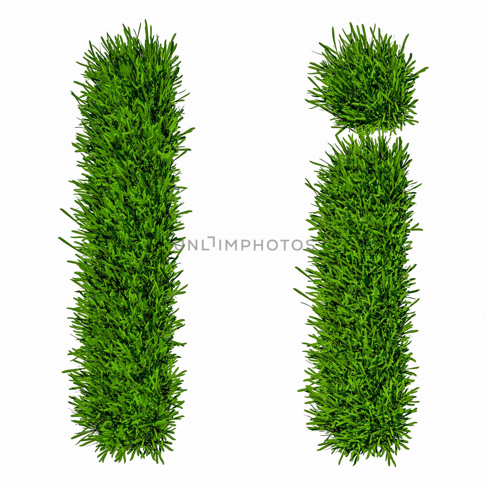 Letter of grass alphabet. Grass letter I, upper and lowercase. Isolated on white background. 3d illustration