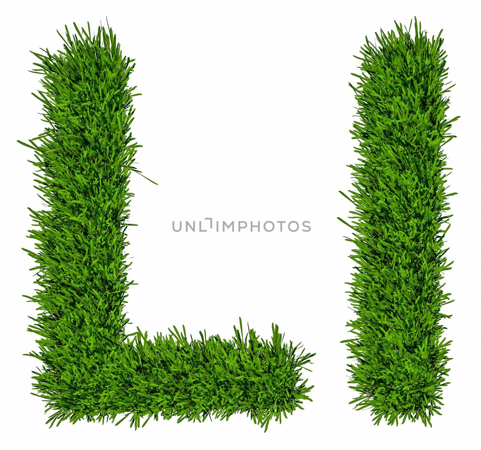 Letter of grass alphabet. Grass letter L, upper and lowercase. Isolated on white background. 3d illustration