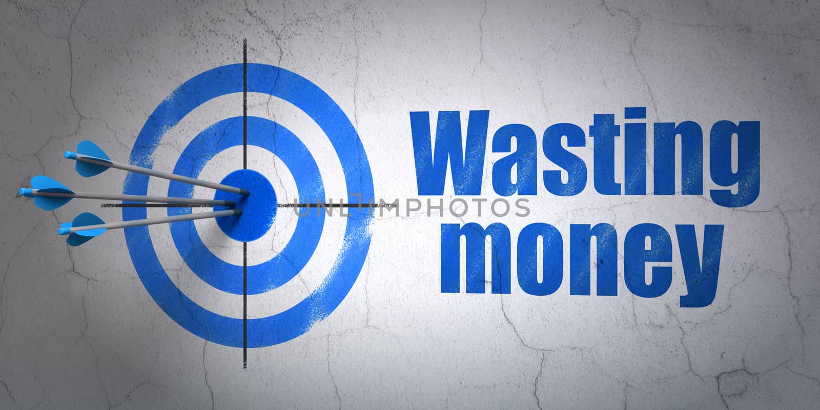 Success money concept: arrows hitting the center of target, Blue Wasting Money on wall background, 3D rendering