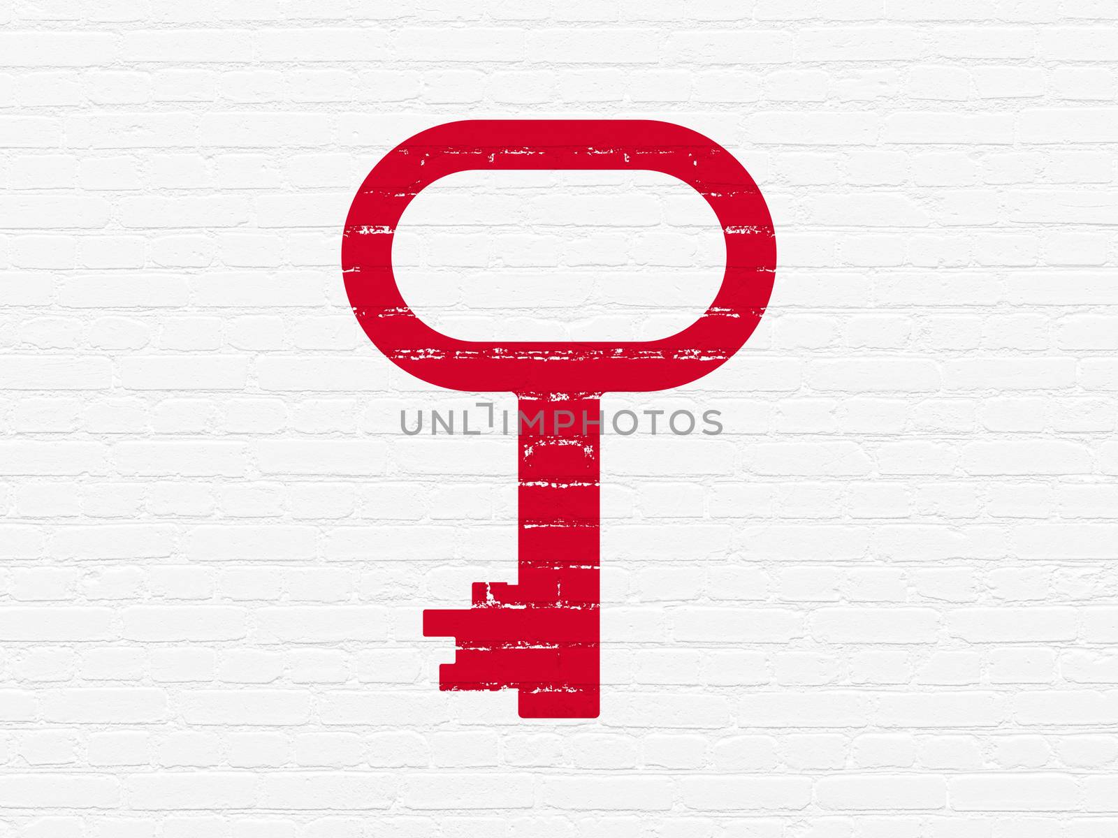 Privacy concept: Painted red Key icon on White Brick wall background