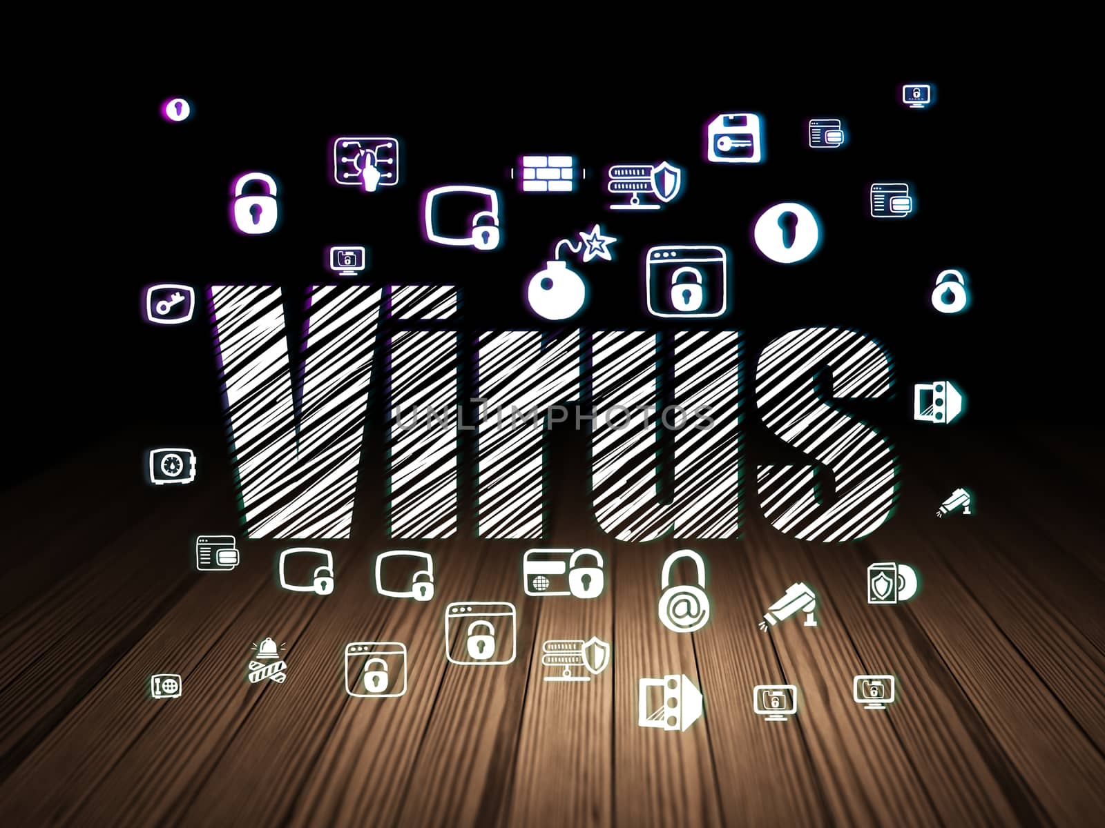 Privacy concept: Glowing text Virus,  Hand Drawn Security Icons in grunge dark room with Wooden Floor, black background