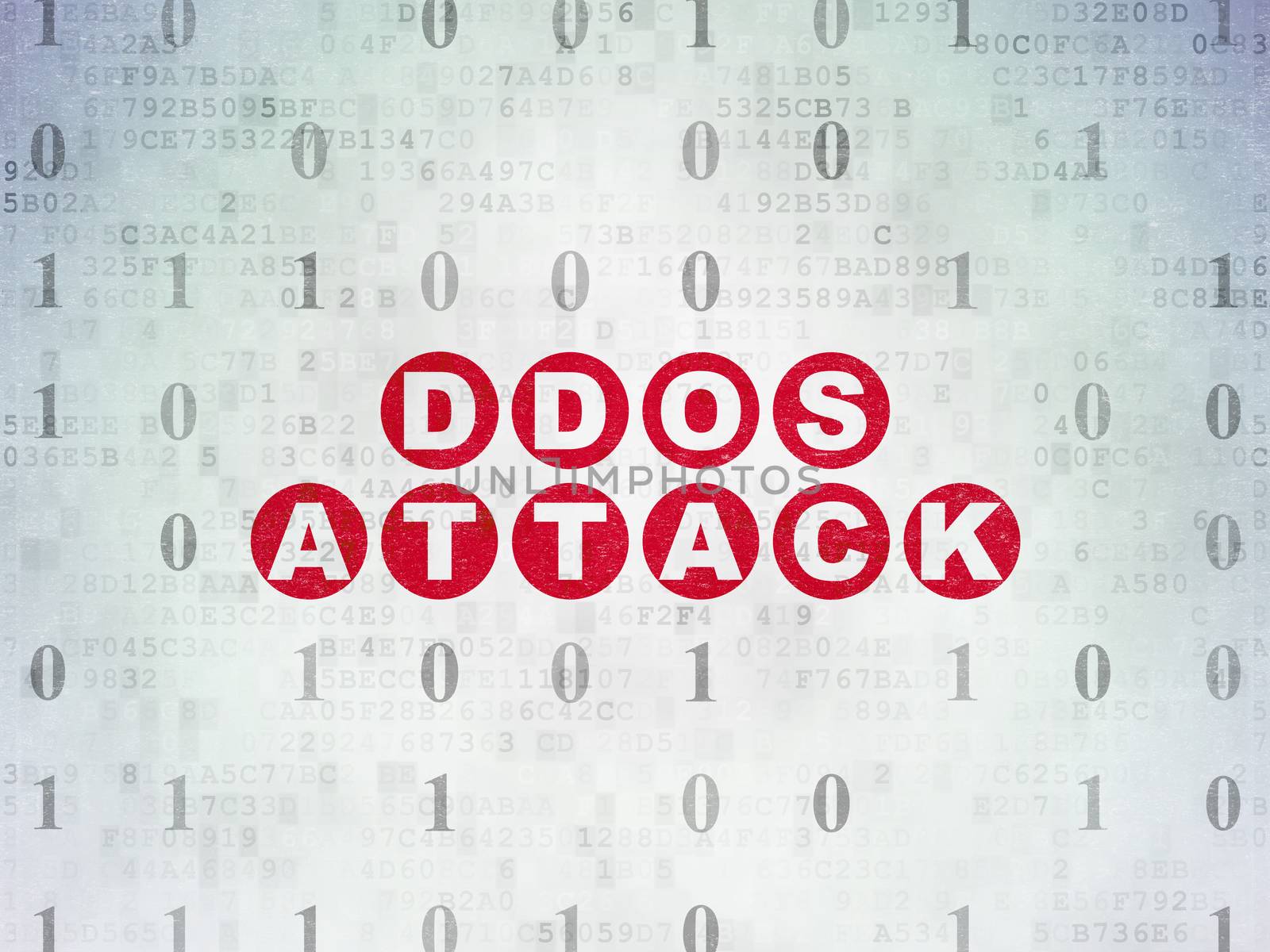 Privacy concept: Painted red text DDOS Attack on Digital Data Paper background with Binary Code