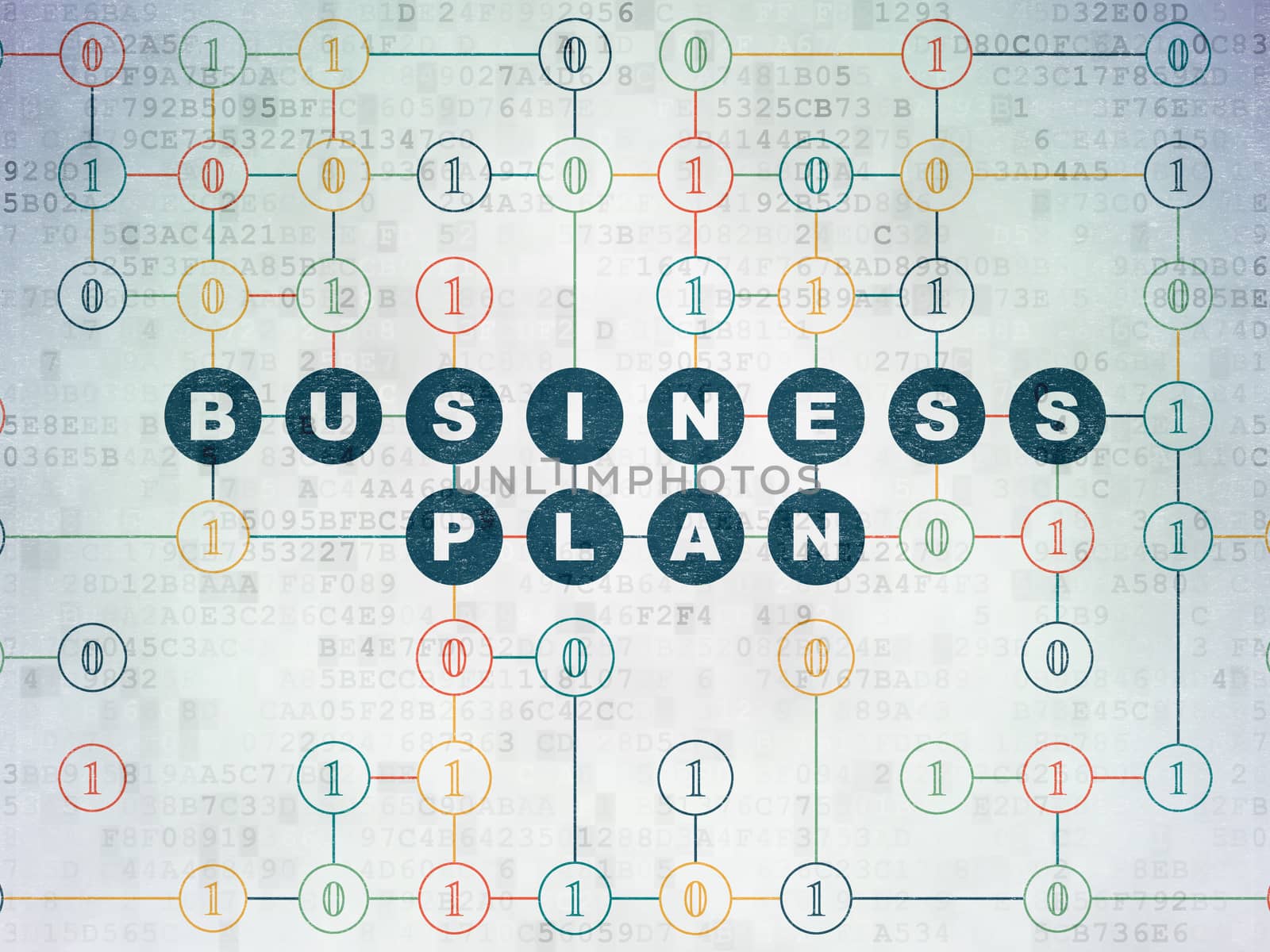 Business concept: Painted blue text Business Plan on Digital Data Paper background with Binary Code