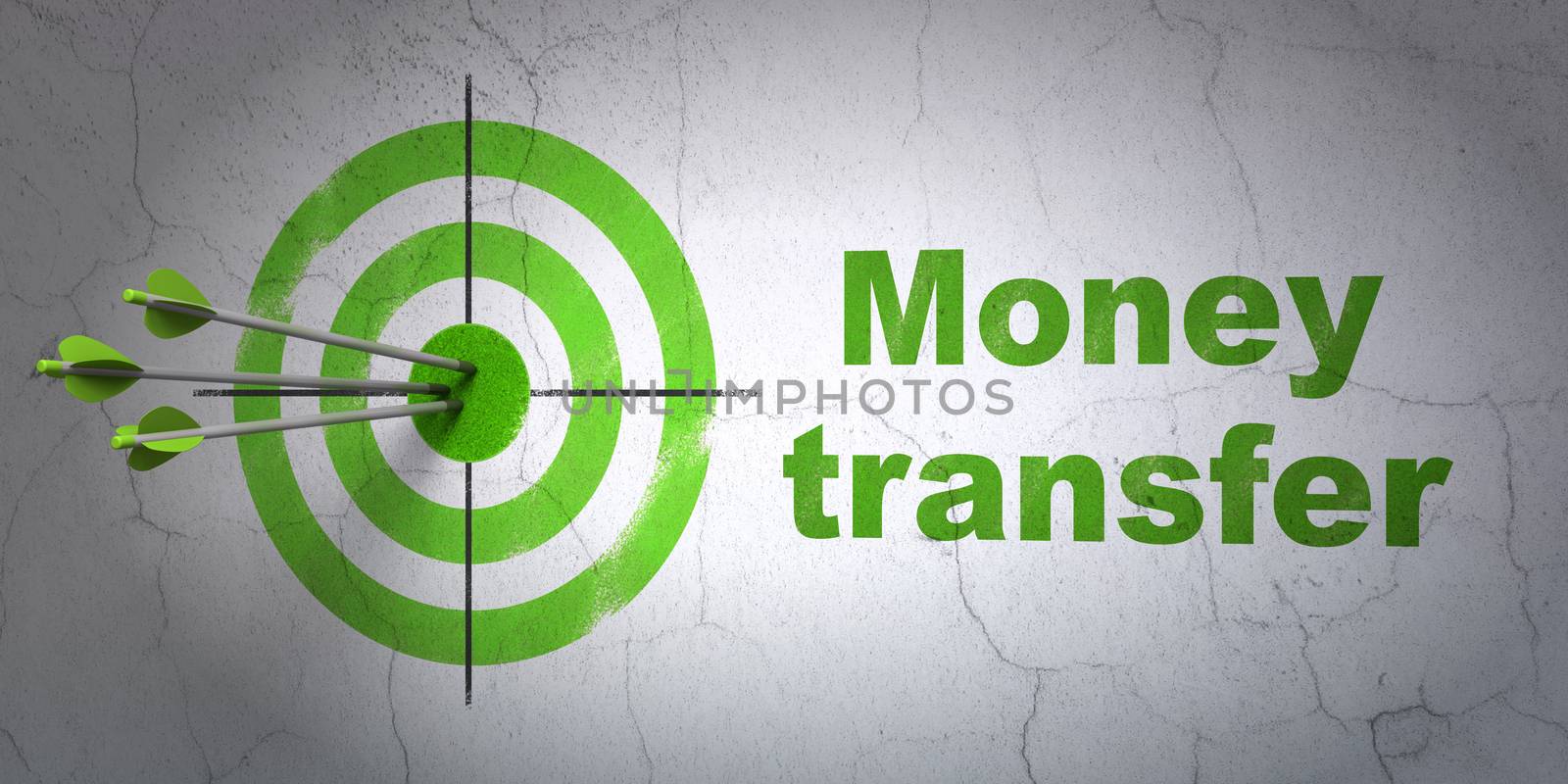 Success business concept: arrows hitting the center of target, Green Money Transfer on wall background, 3D rendering