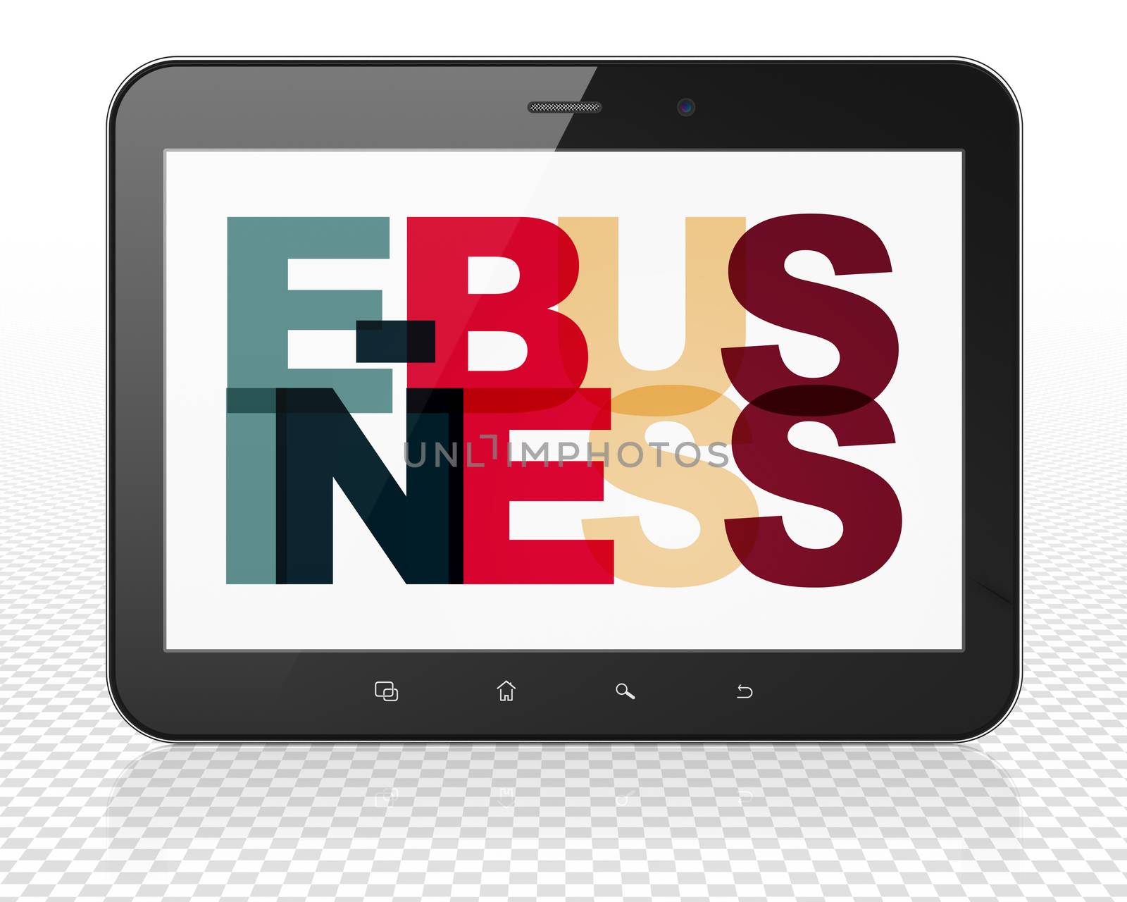 Business concept: Tablet Pc Computer with Painted multicolor text E-business on display, 3D rendering