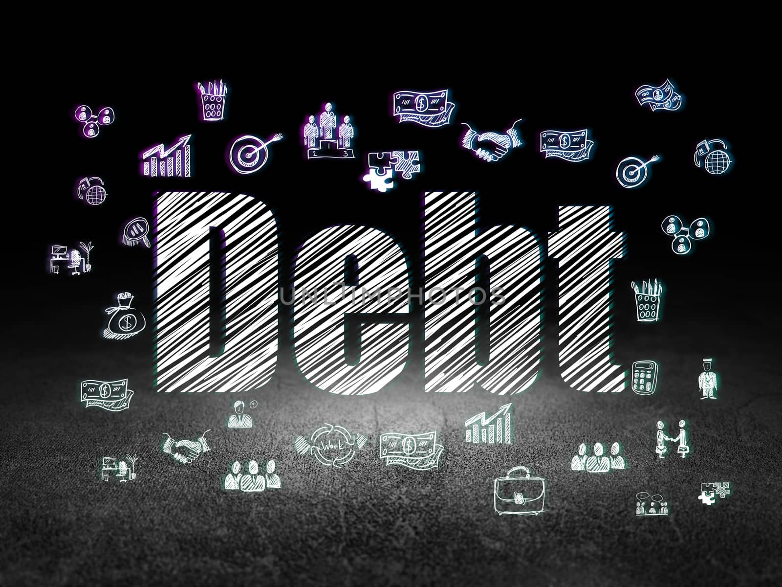 Business concept: Glowing text Debt,  Hand Drawn Business Icons in grunge dark room with Dirty Floor, black background