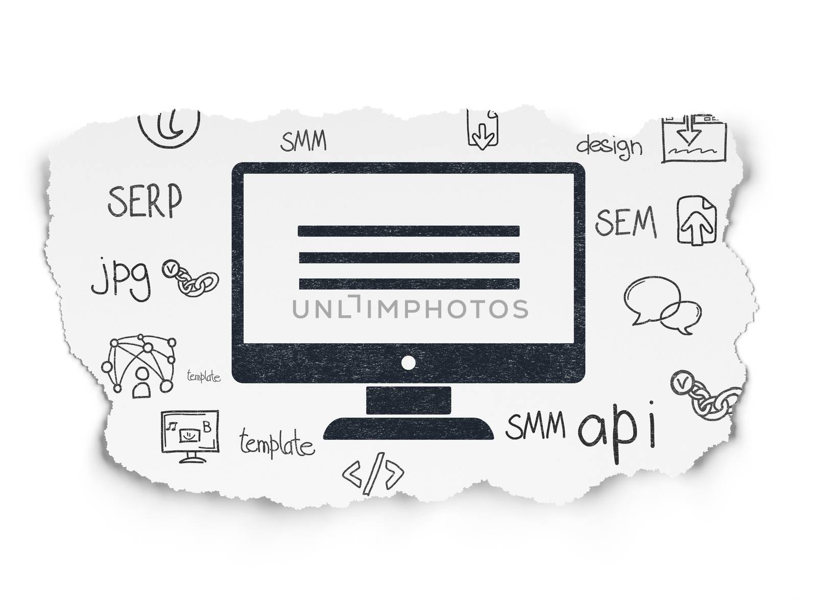 Web development concept: Painted black Monitor icon on Torn Paper background with  Hand Drawn Site Development Icons
