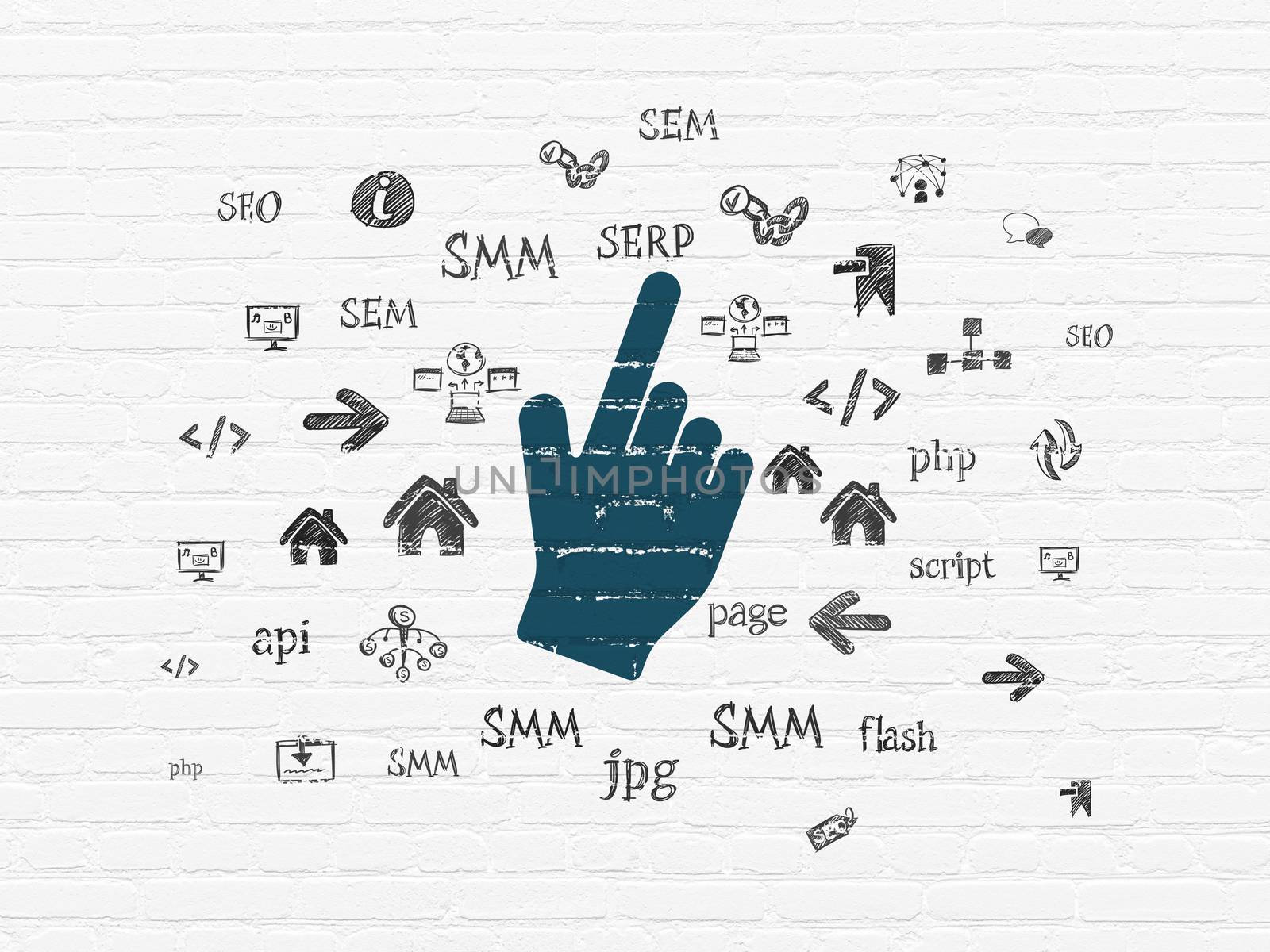 Web design concept: Painted blue Mouse Cursor icon on White Brick wall background with  Hand Drawn Site Development Icons