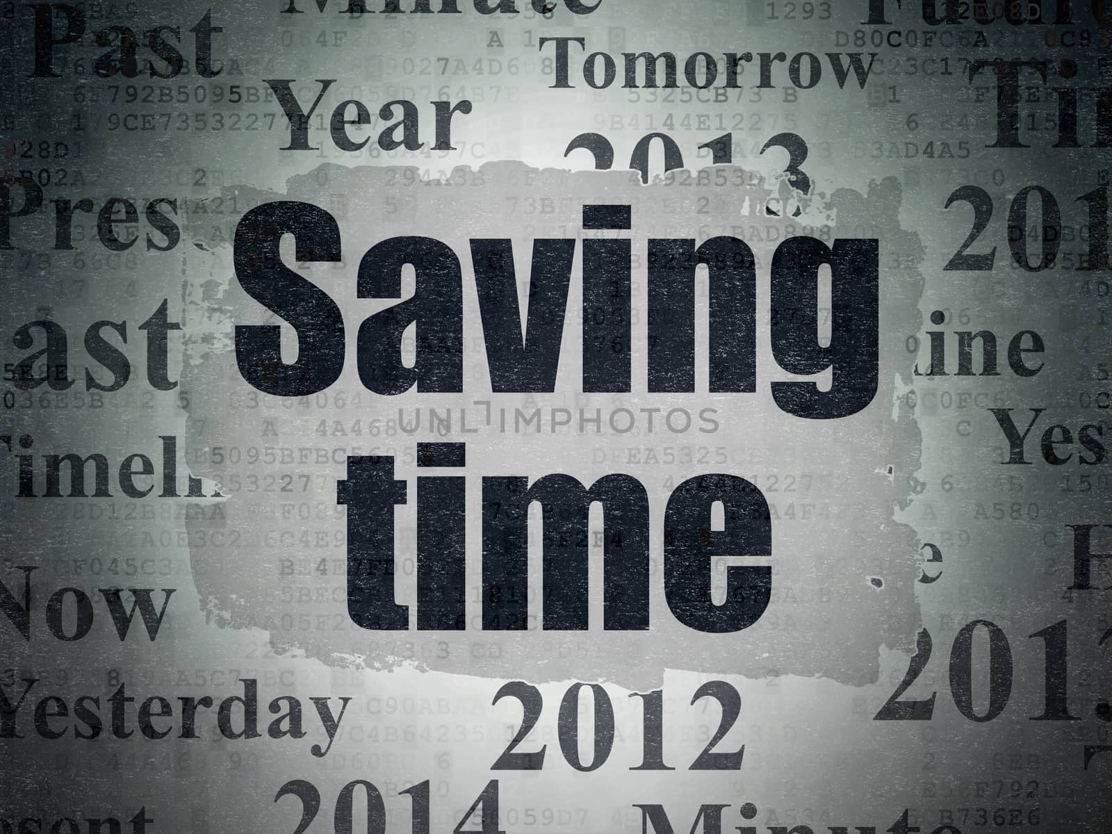 Time concept: Painted black text Saving Time on Digital Data Paper background with   Tag Cloud