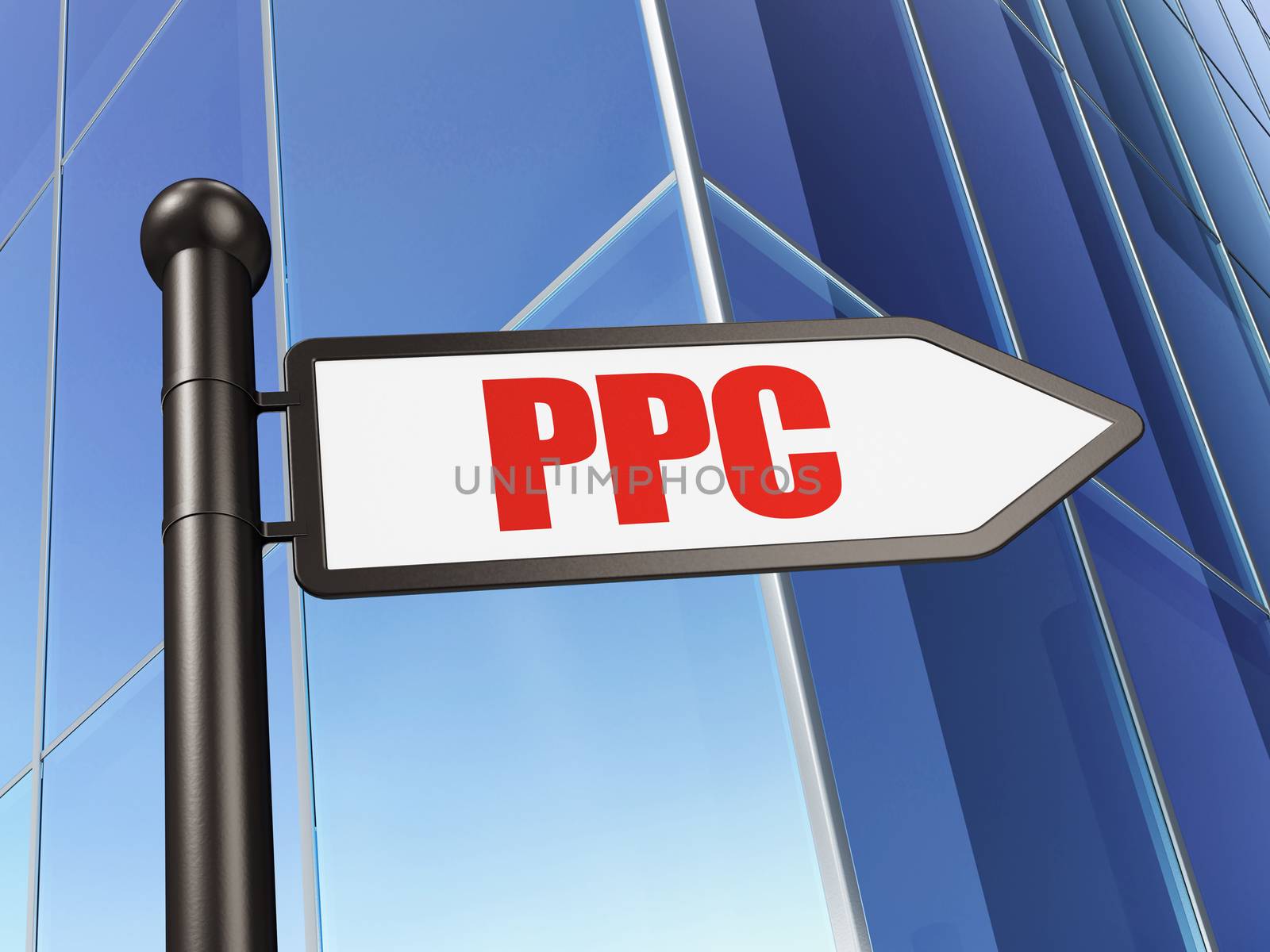 Marketing concept: sign PPC on Building background, 3D rendering