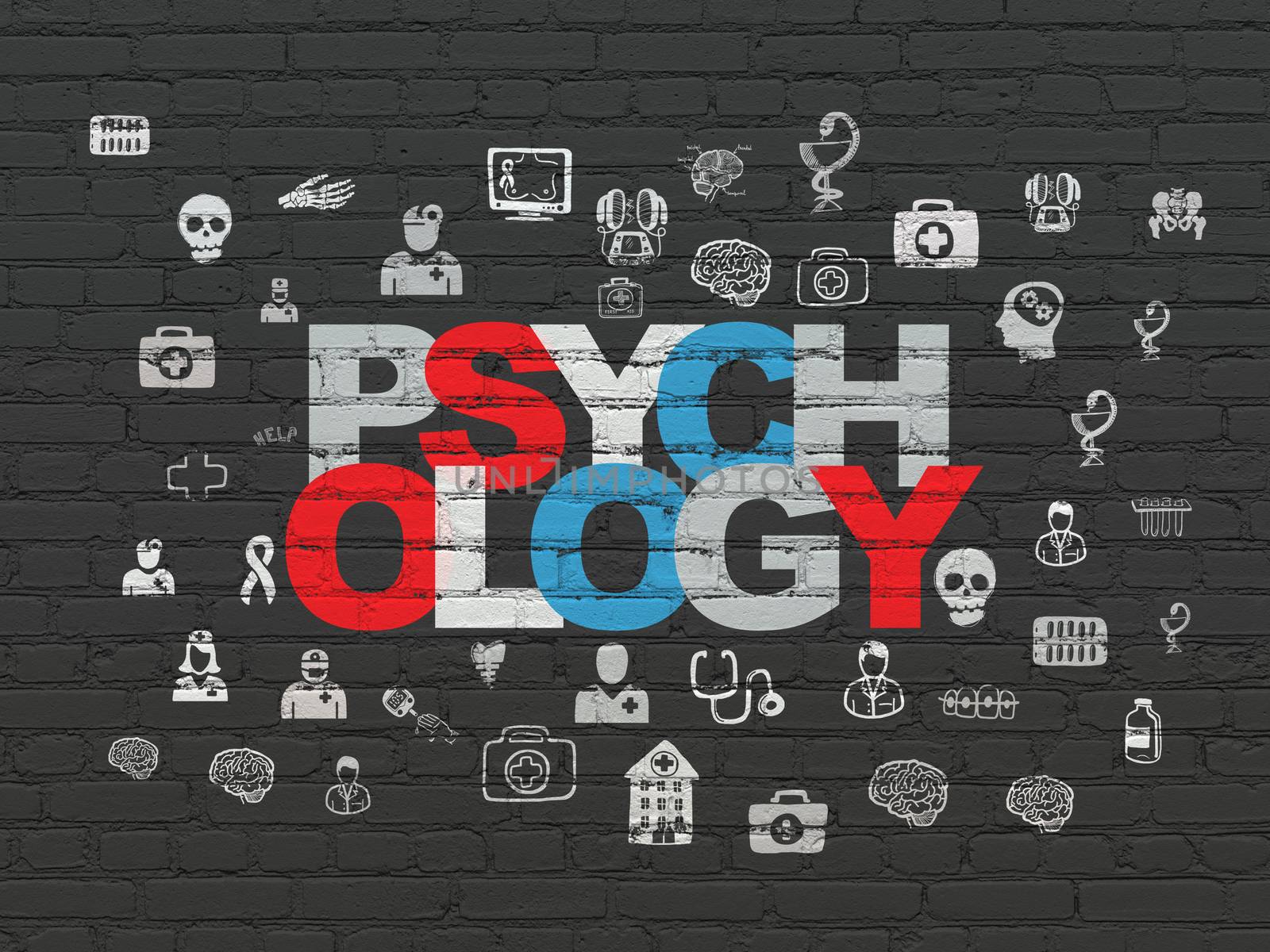 Health concept: Painted multicolor text Psychology on Black Brick wall background with  Hand Drawn Medicine Icons