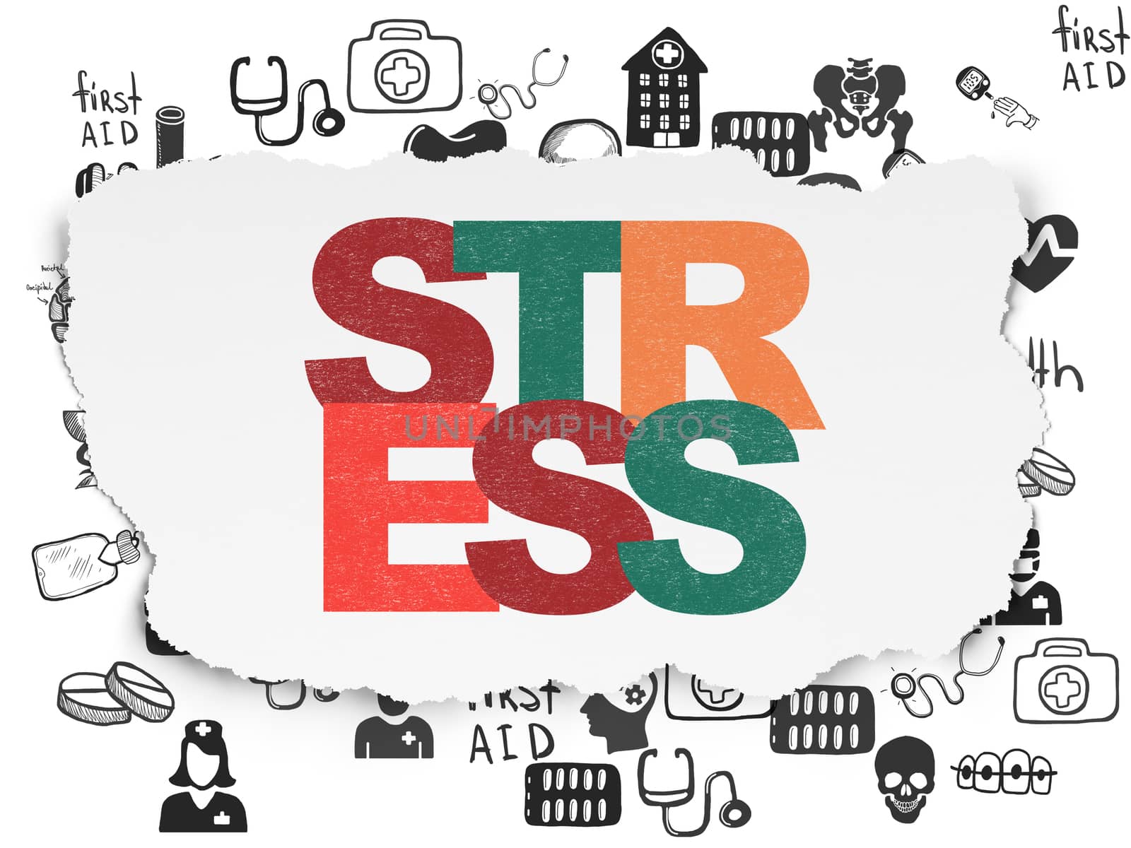 Medicine concept: Painted multicolor text Stress on Torn Paper background with  Hand Drawn Medicine Icons