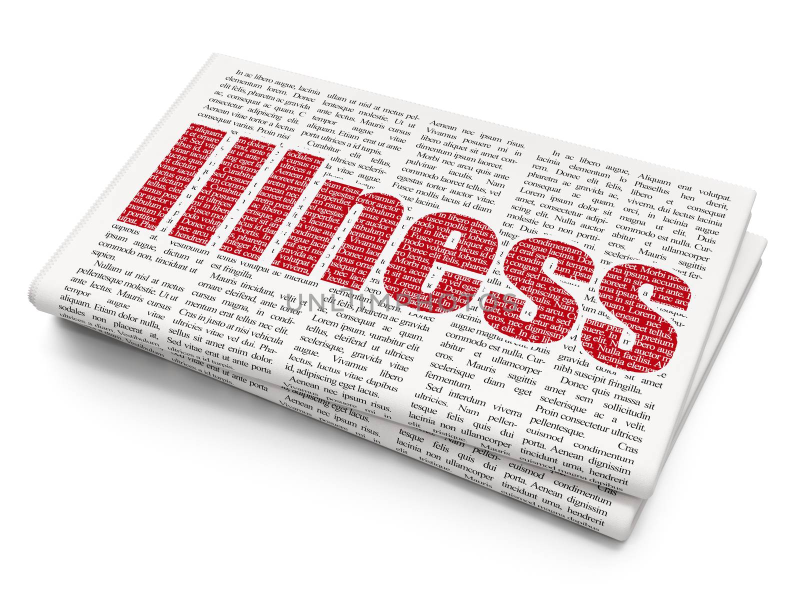 Healthcare concept: Pixelated red text Illness on Newspaper background, 3D rendering