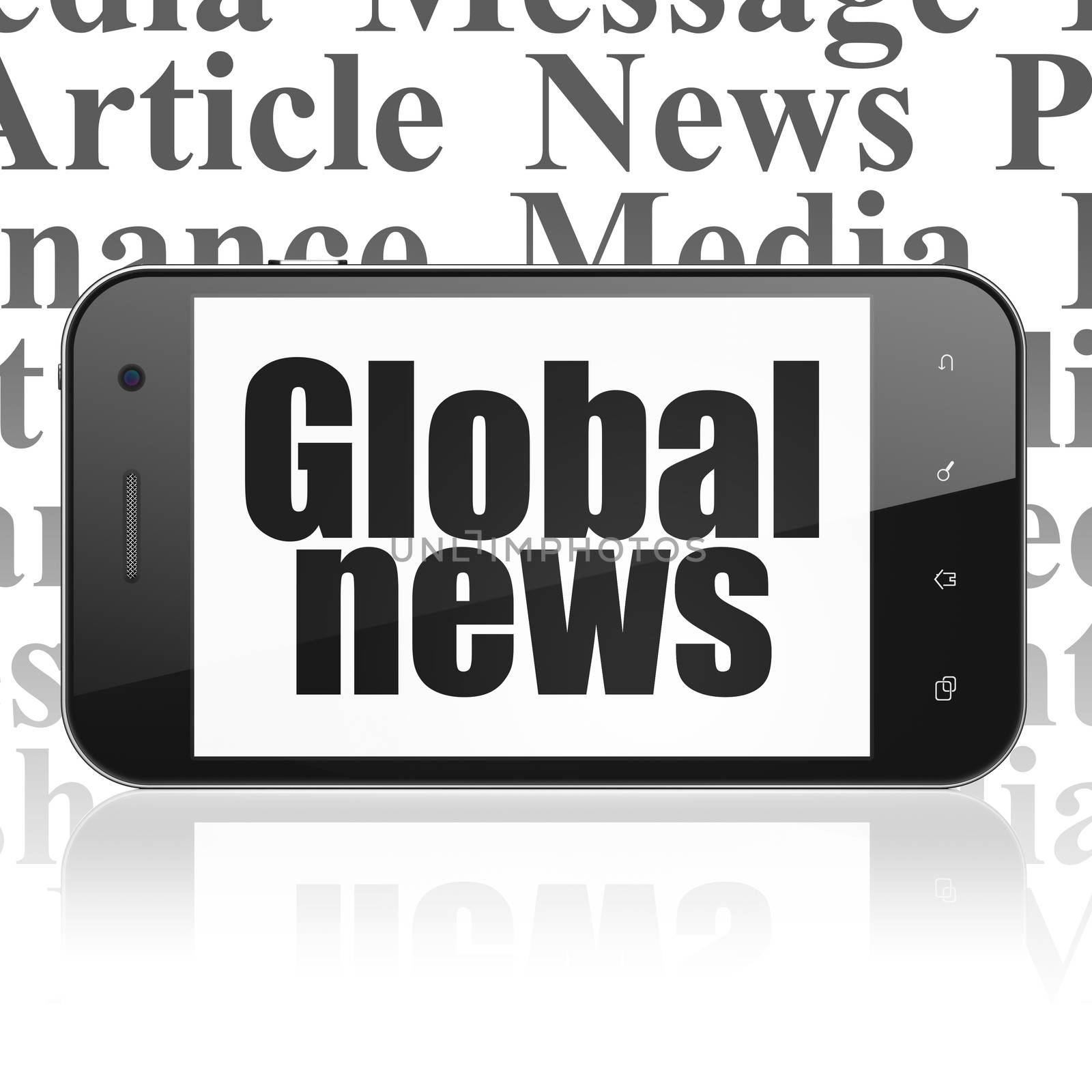 News concept: Smartphone with  black text Global News on display,  Tag Cloud background, 3D rendering