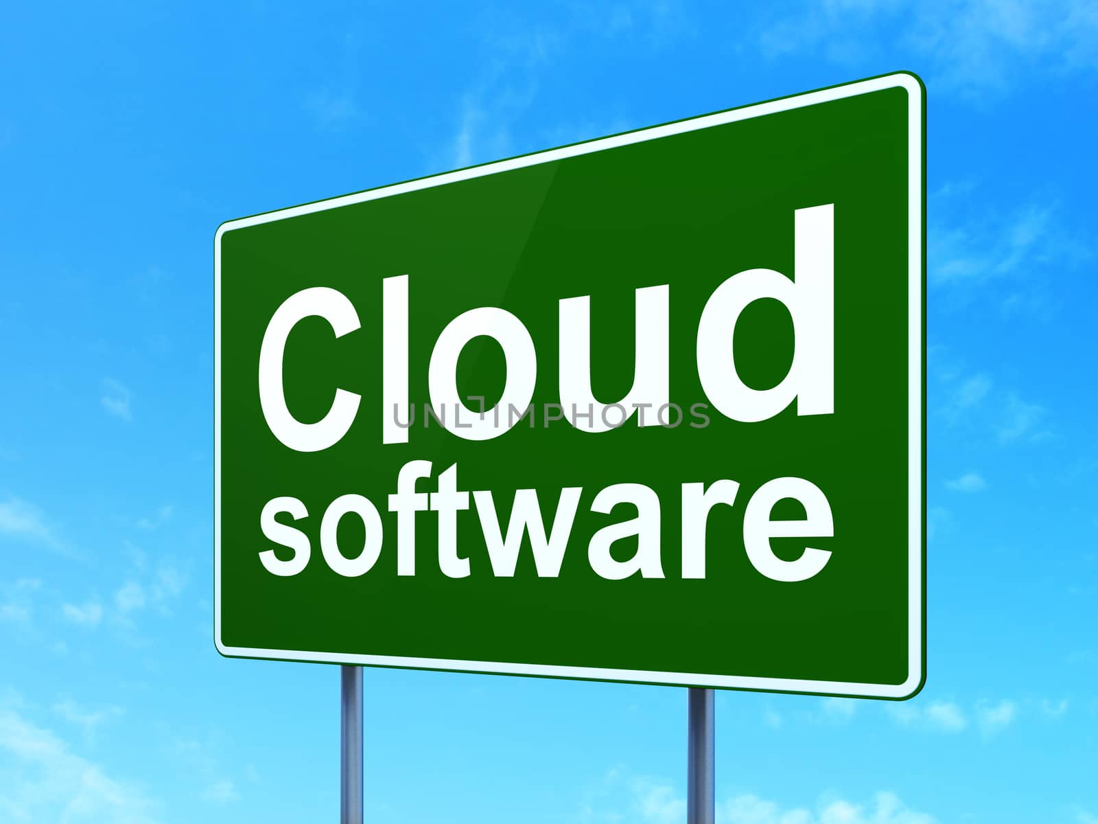 Cloud networking concept: Cloud Software on green road highway sign, clear blue sky background, 3D rendering