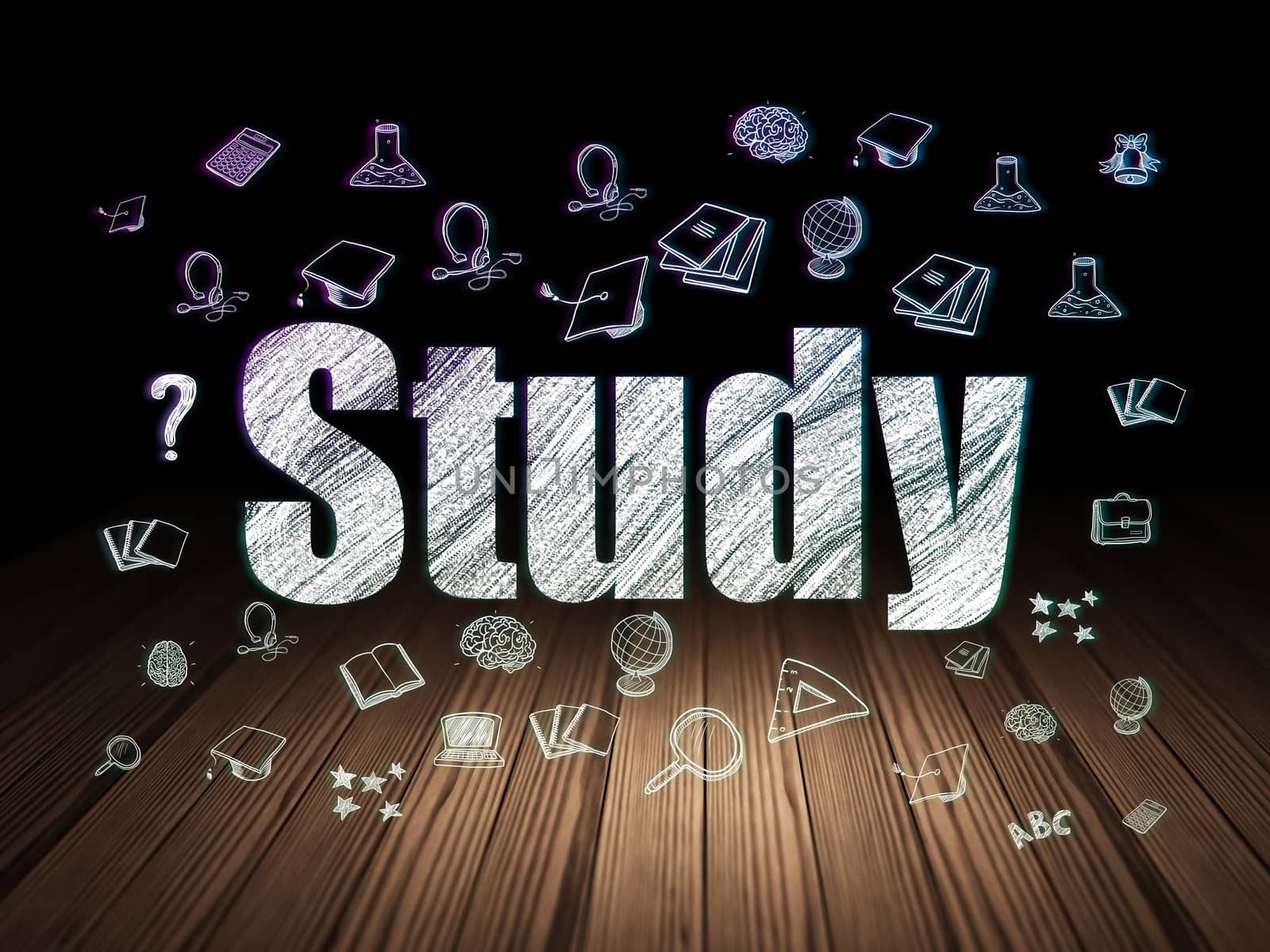 Learning concept: Glowing text Study,  Hand Drawn Education Icons in grunge dark room with Wooden Floor, black background
