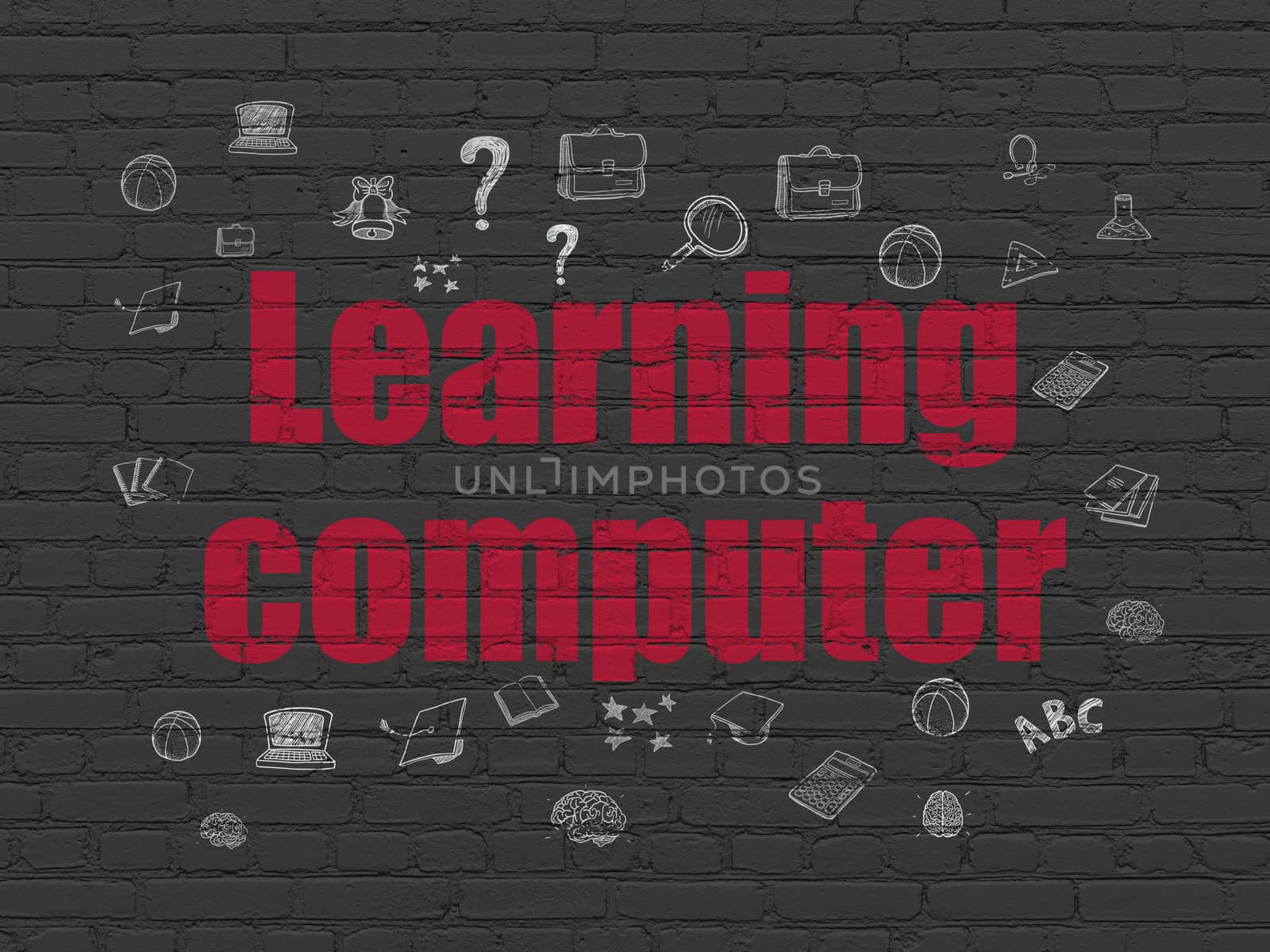 Studying concept: Painted red text Learning Computer on Black Brick wall background with  Hand Drawn Education Icons