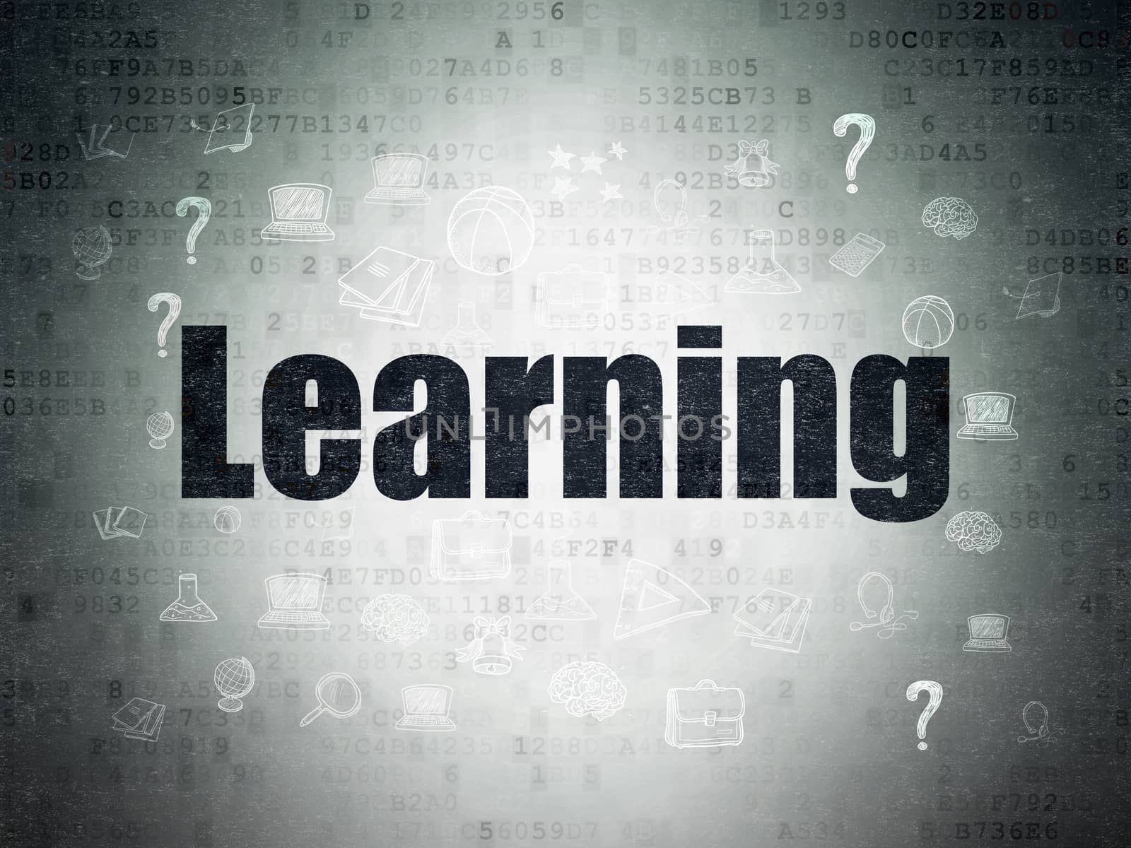 Education concept: Painted black text Learning on Digital Data Paper background with  Hand Drawn Education Icons