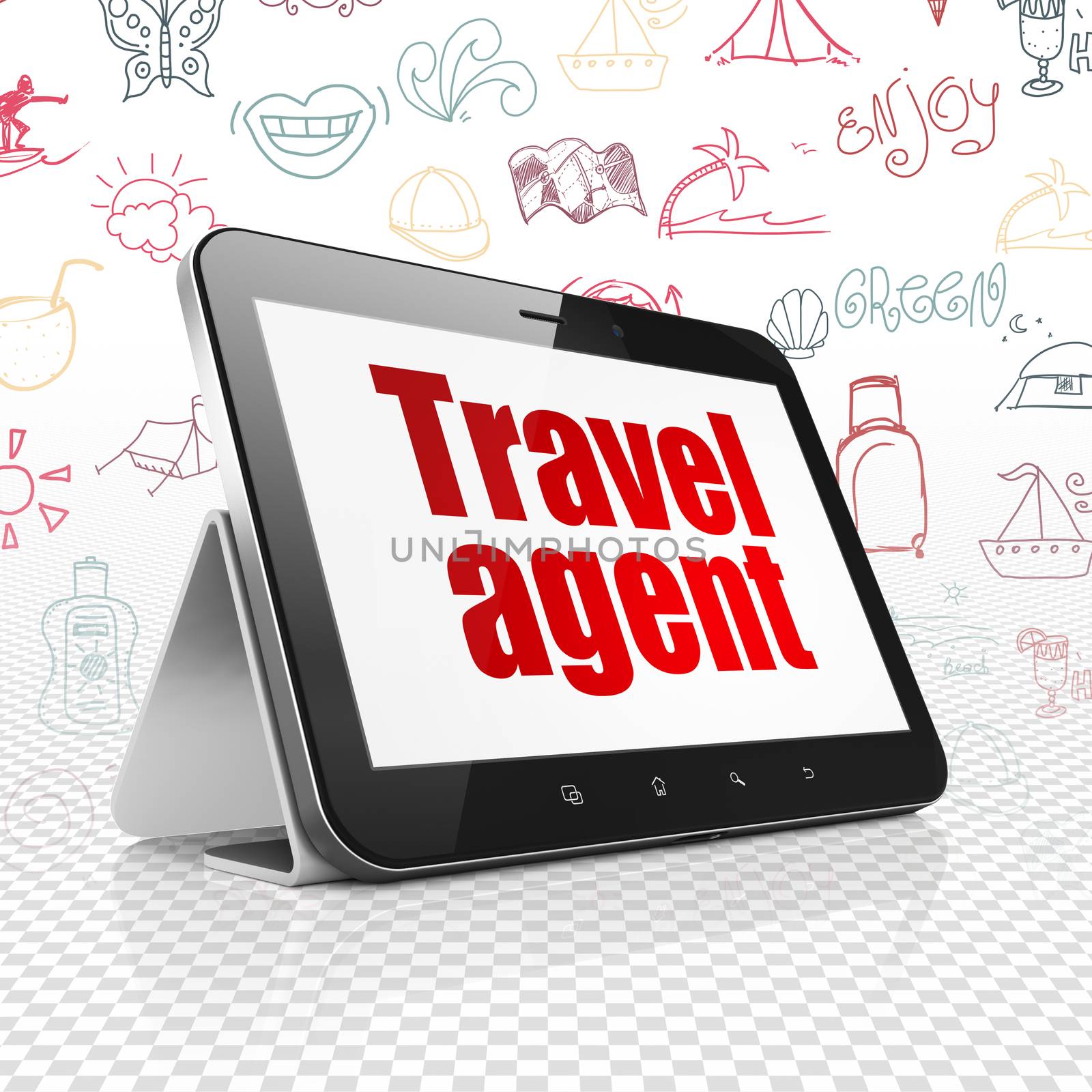 Vacation concept: Tablet Computer with  red text Travel Agent on display,  Hand Drawn Vacation Icons background, 3D rendering