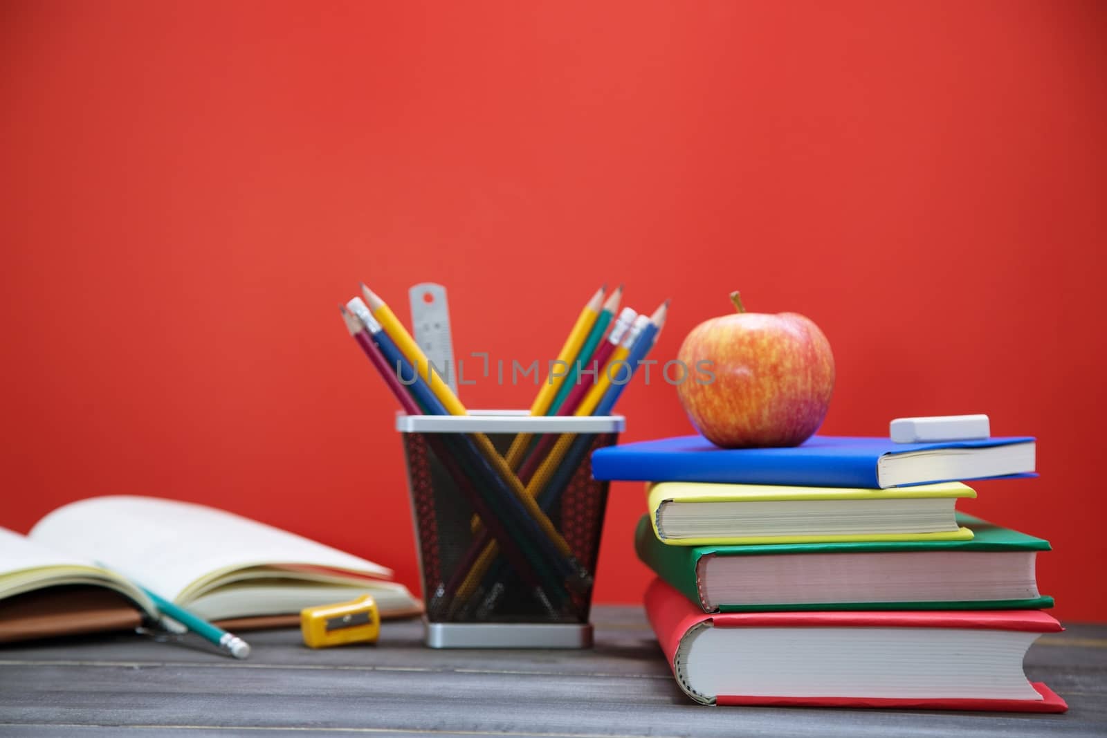 School books on desk. and Equipment along with learning.