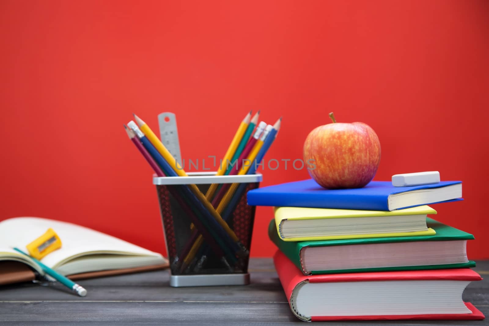 School books on desk. and Equipment along with learning.