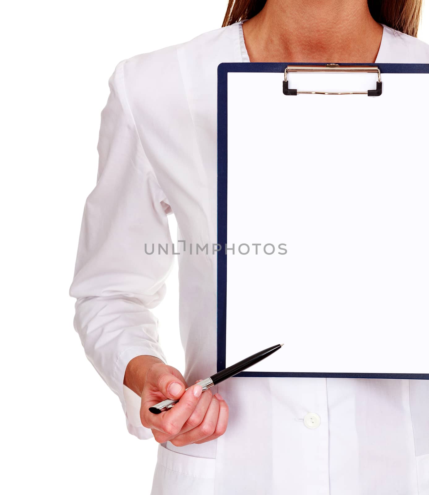 Closeup shot of woman doctor or nurse pointing to a blank copyspace using a pen on the clipboard, isolated on white background