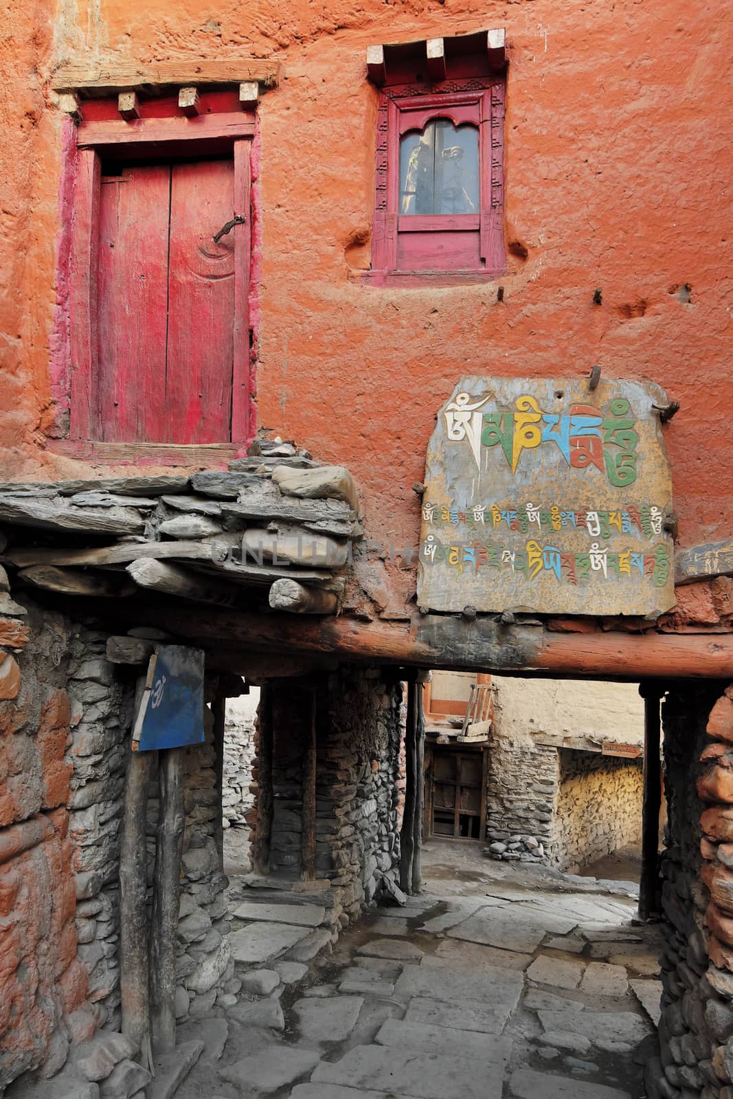 A street in an ancient mountain Nepalese Buddhist village