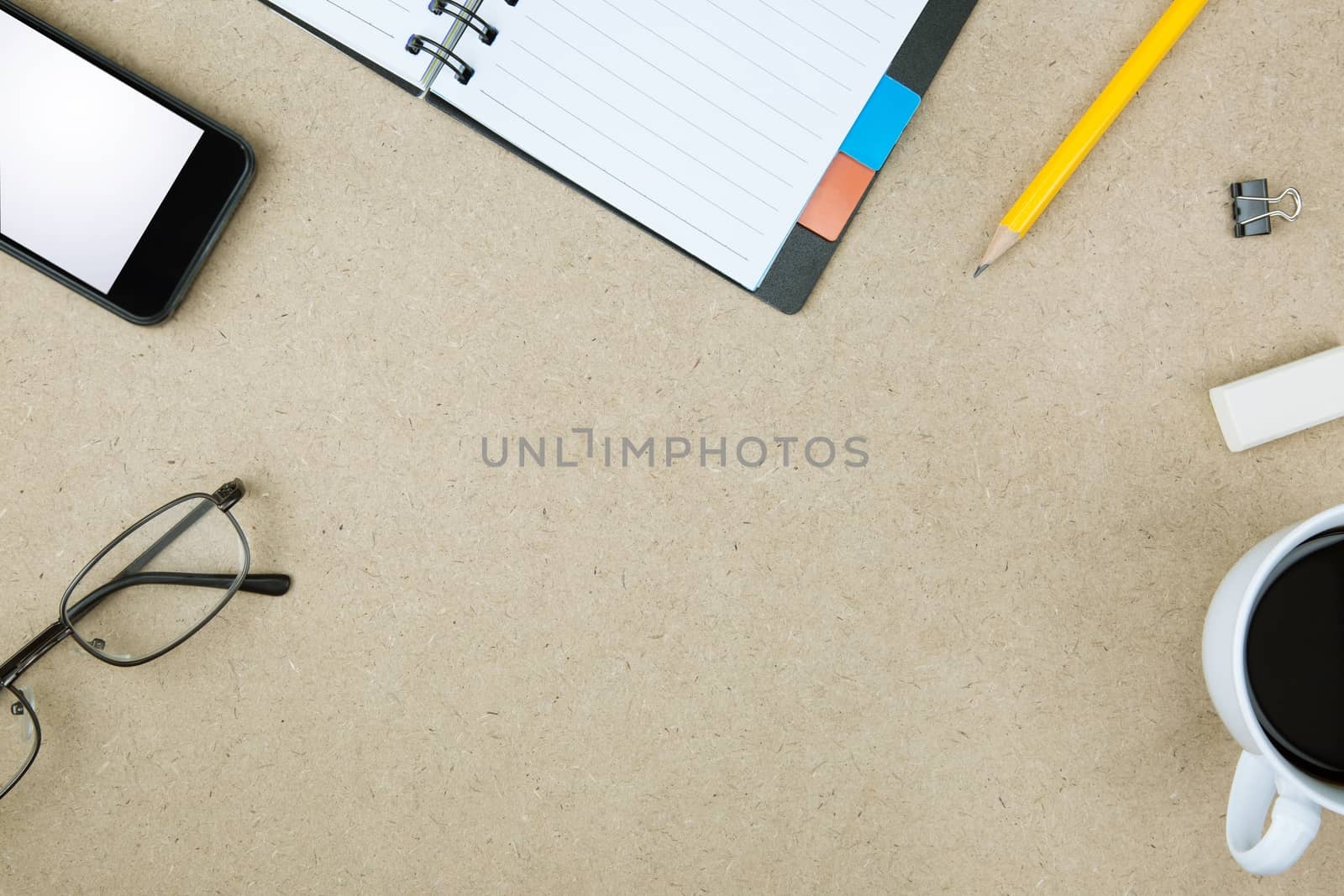 Stationary office Background Table made of recycled paper and wood. by boytaro1428@gmail.com