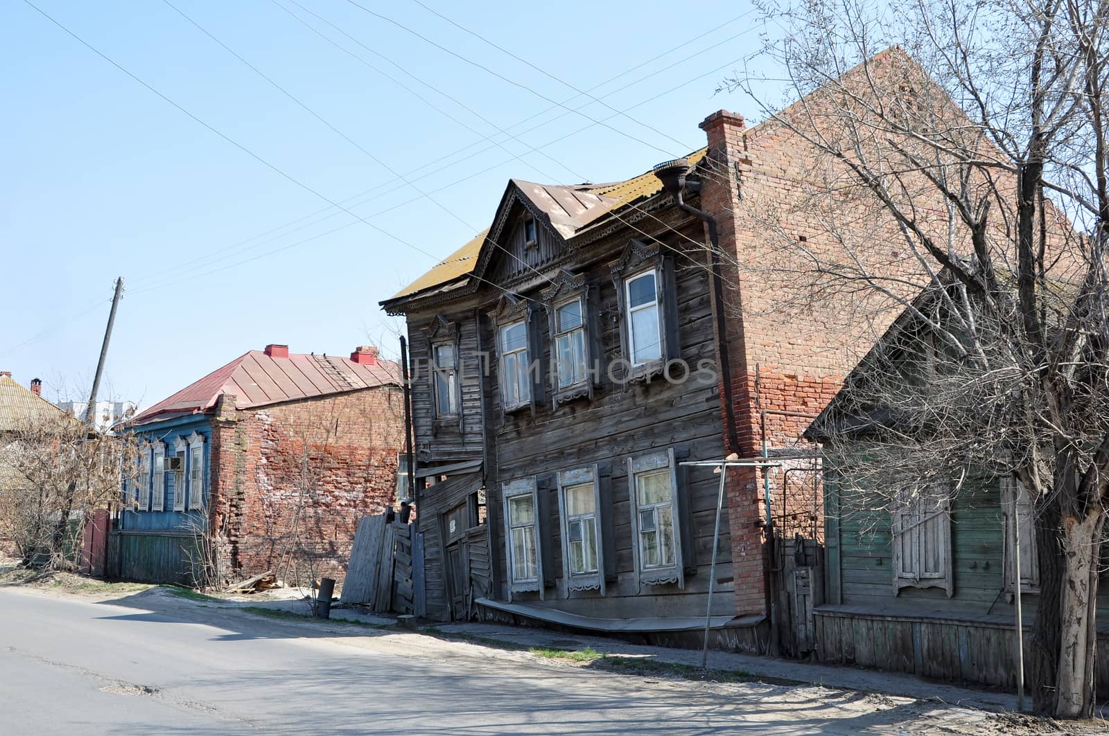 Old wooden rickety house in the city of Astrakhan