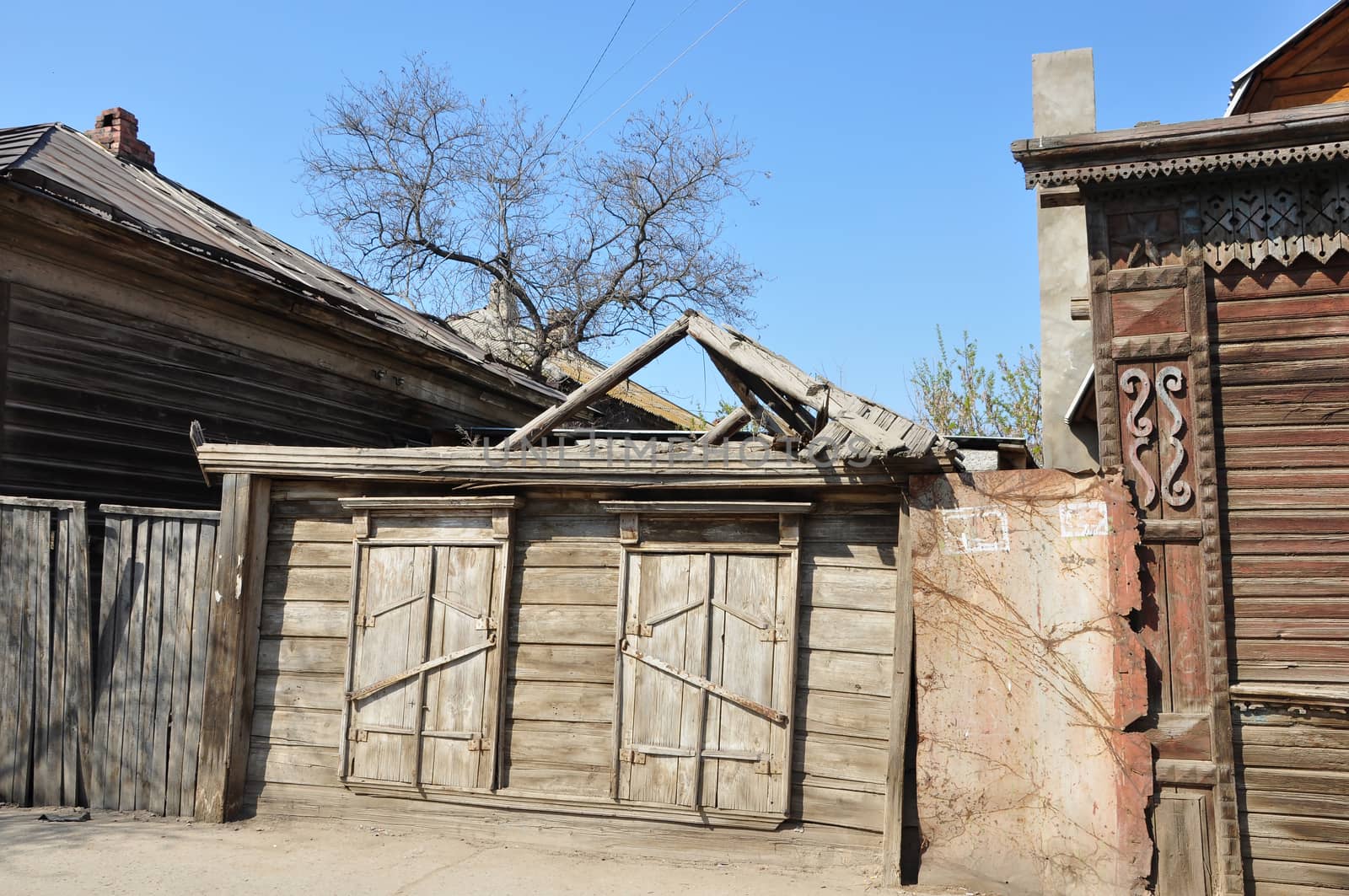 The old wooden house without roof in the city of Astrakhan 