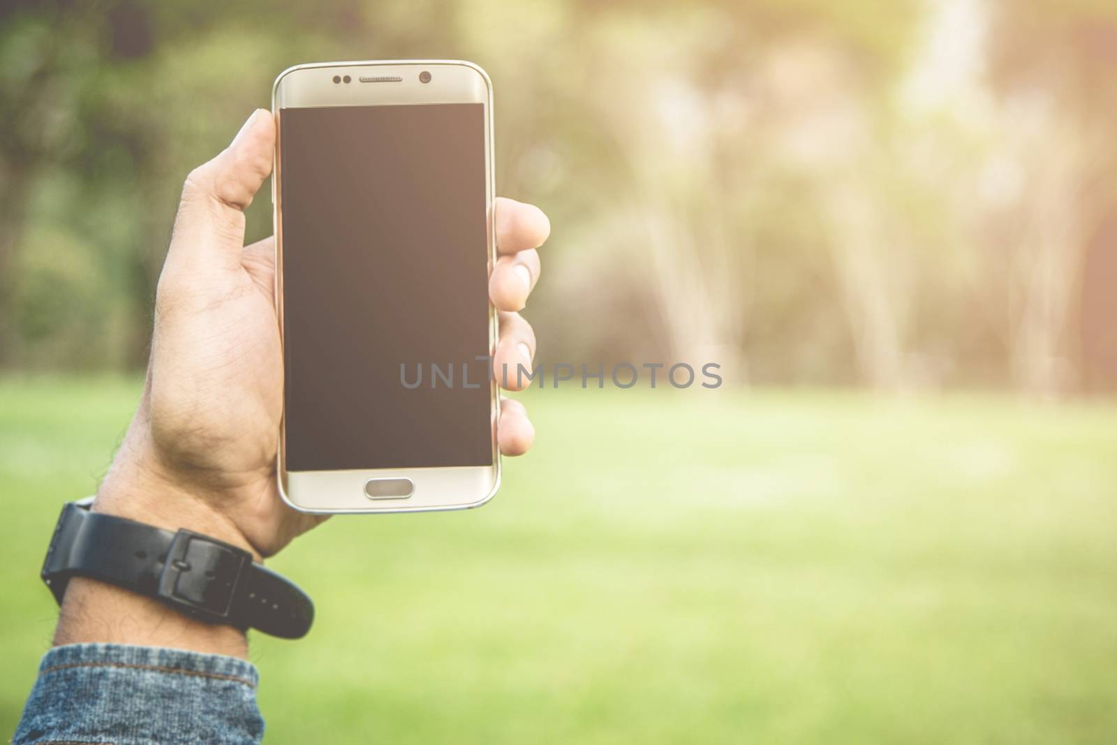 Show phone in hand in the parks.