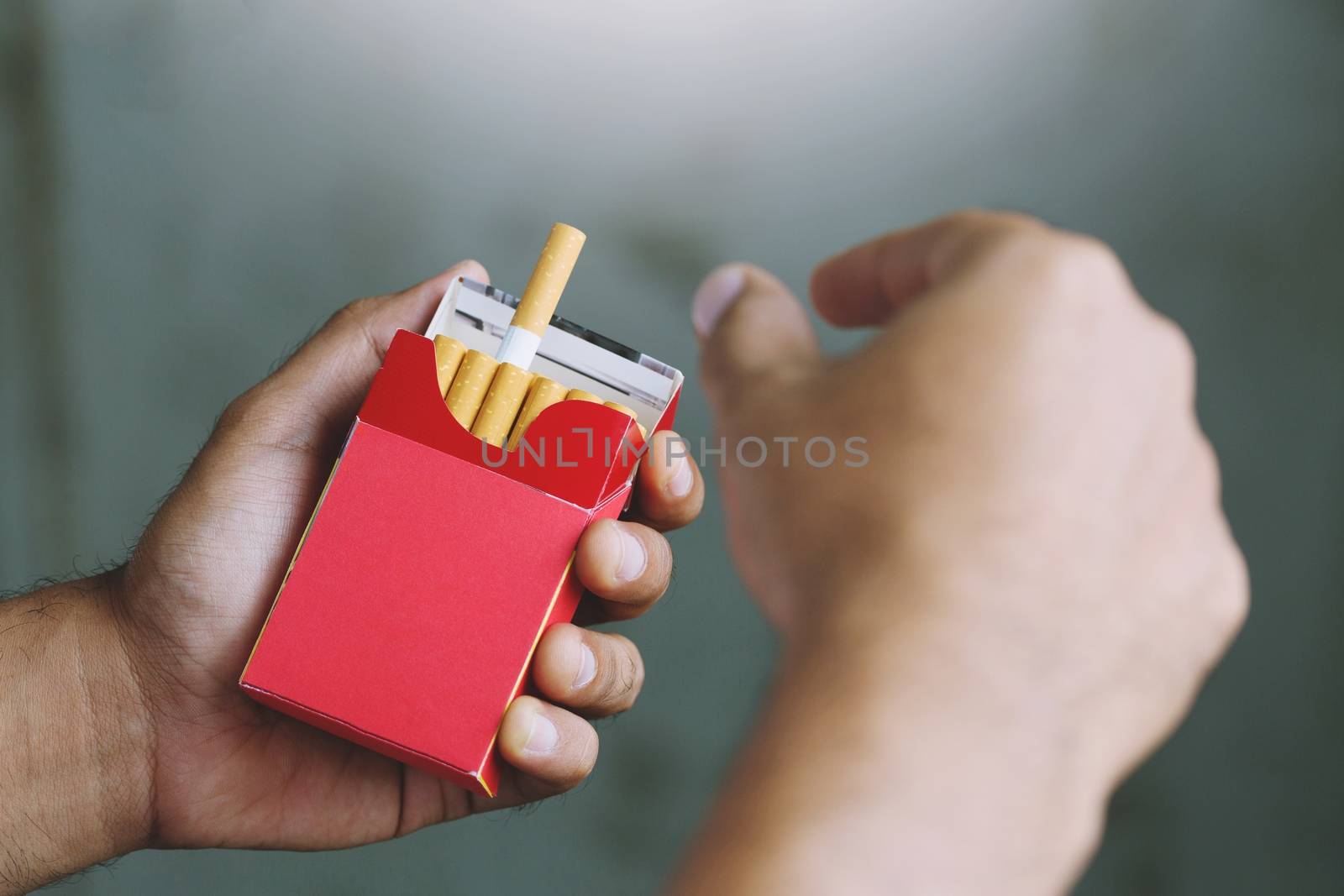 Man is picking Cigarette from Package come up smoking.
