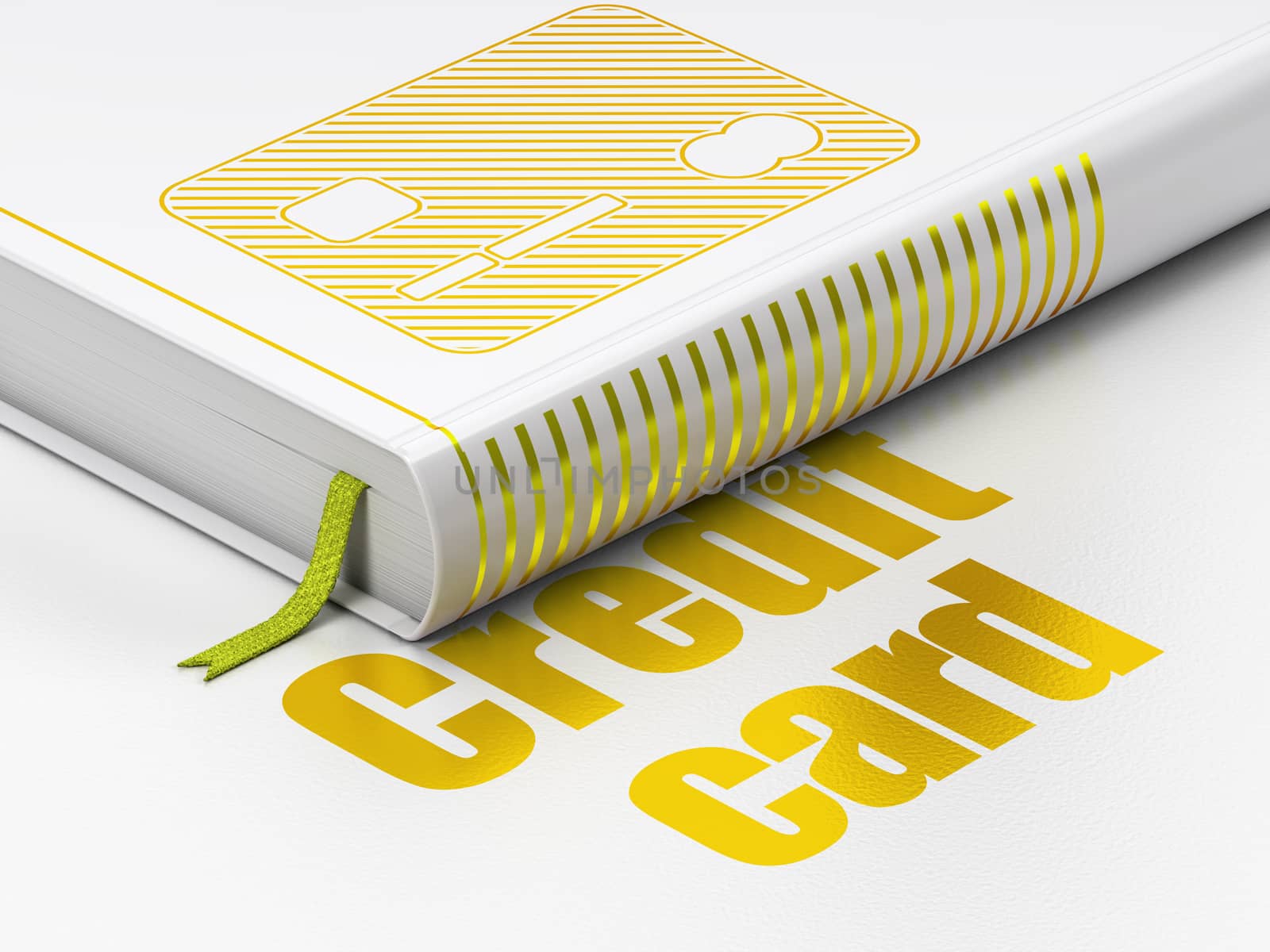 Money concept: closed book with Gold Credit Card icon and text Credit Card on floor, white background, 3D rendering