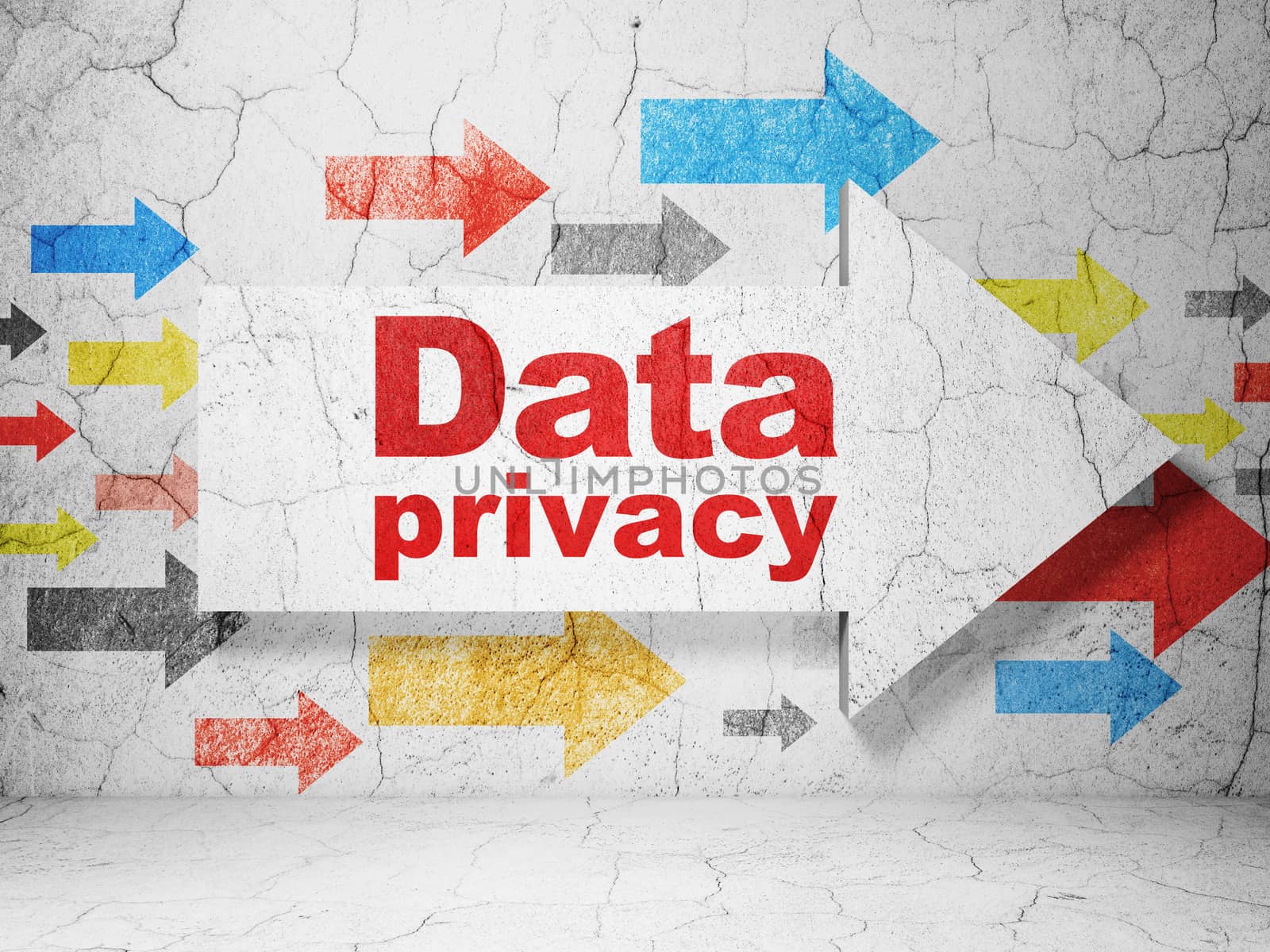 Protection concept:  arrow with Data Privacy on grunge textured concrete wall background, 3D rendering