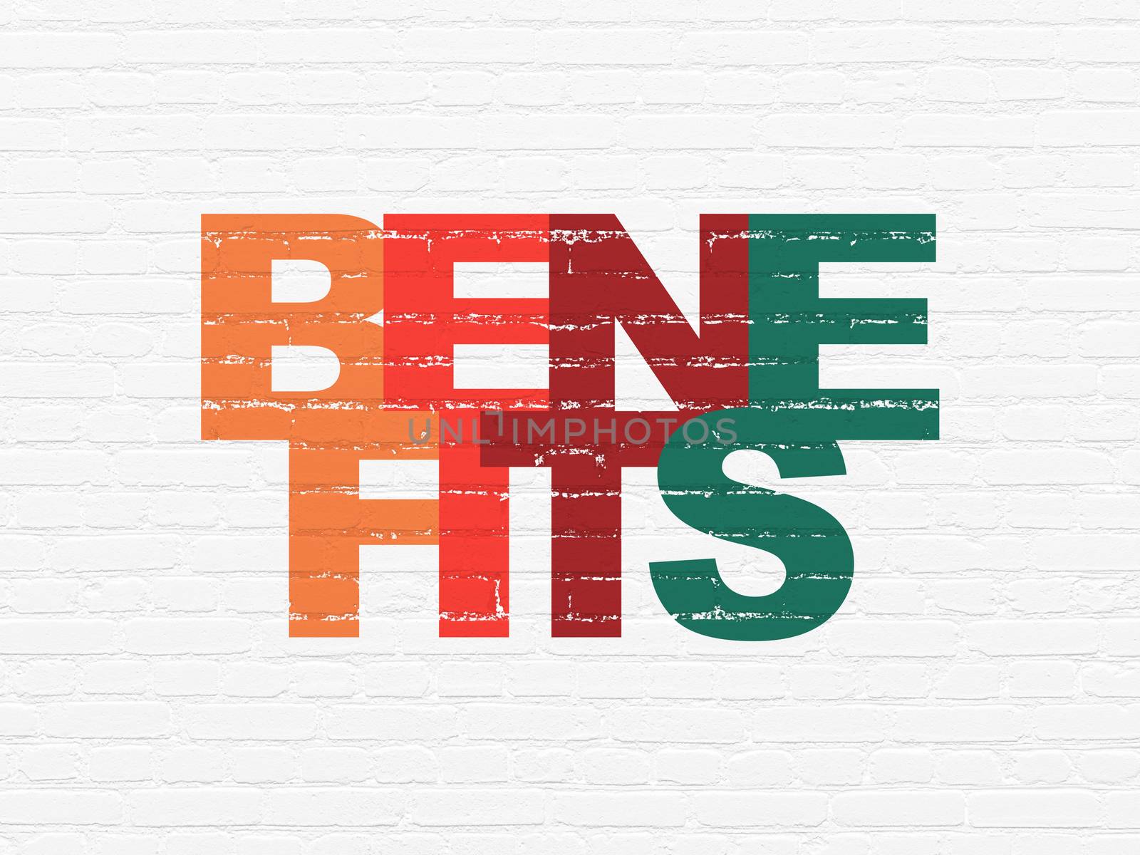 Finance concept: Painted multicolor text Benefits on White Brick wall background