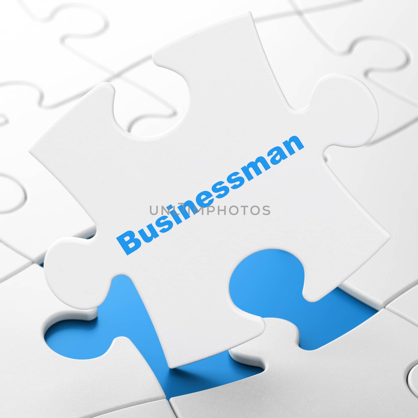 Finance concept: Businessman on White puzzle pieces background, 3D rendering