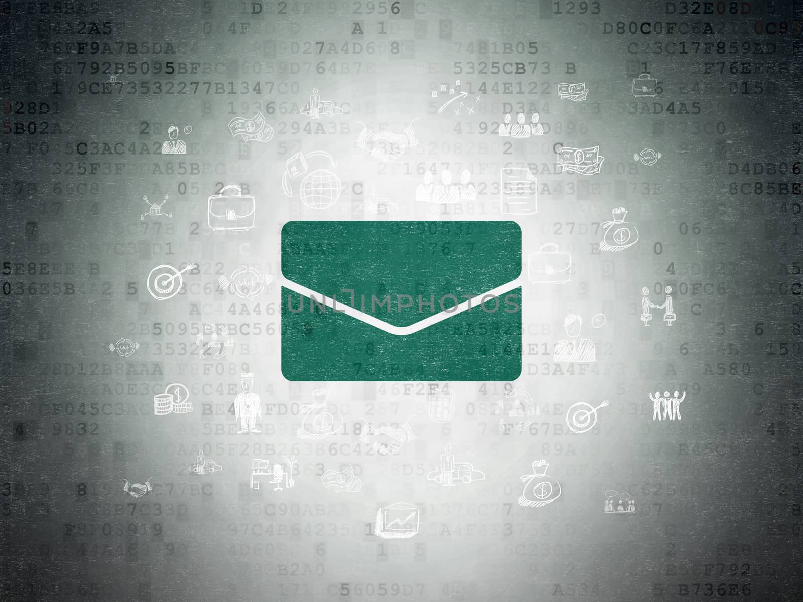 Finance concept: Painted green Email icon on Digital Data Paper background with  Hand Drawn Business Icons