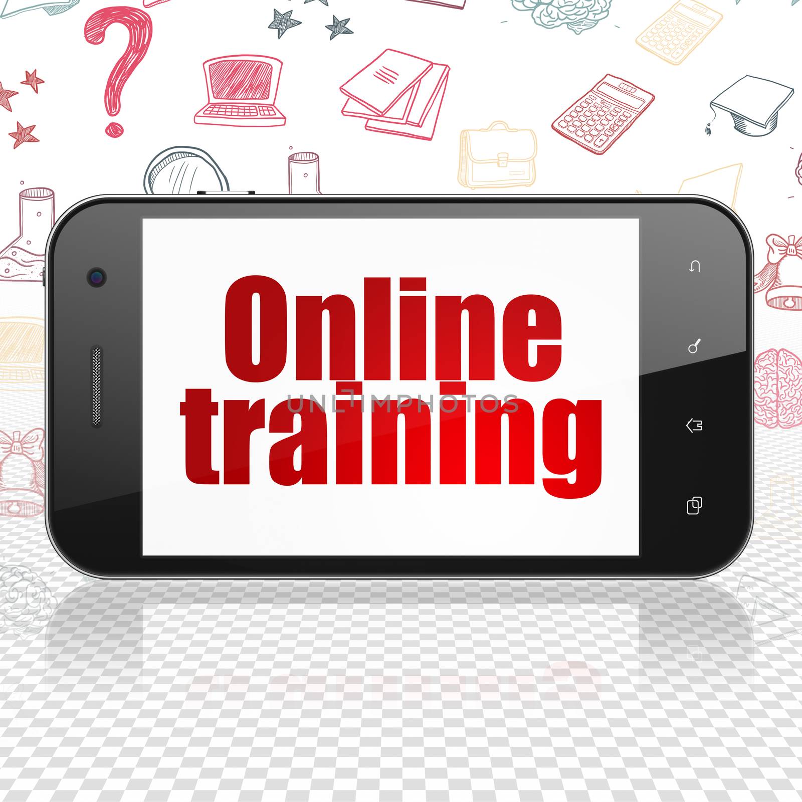 Learning concept: Smartphone with  red text Online Training on display,  Hand Drawn Education Icons background, 3D rendering