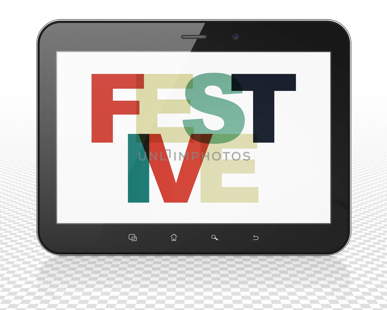 Holiday concept: Tablet Pc Computer with Painted multicolor text Festive on display, 3D rendering