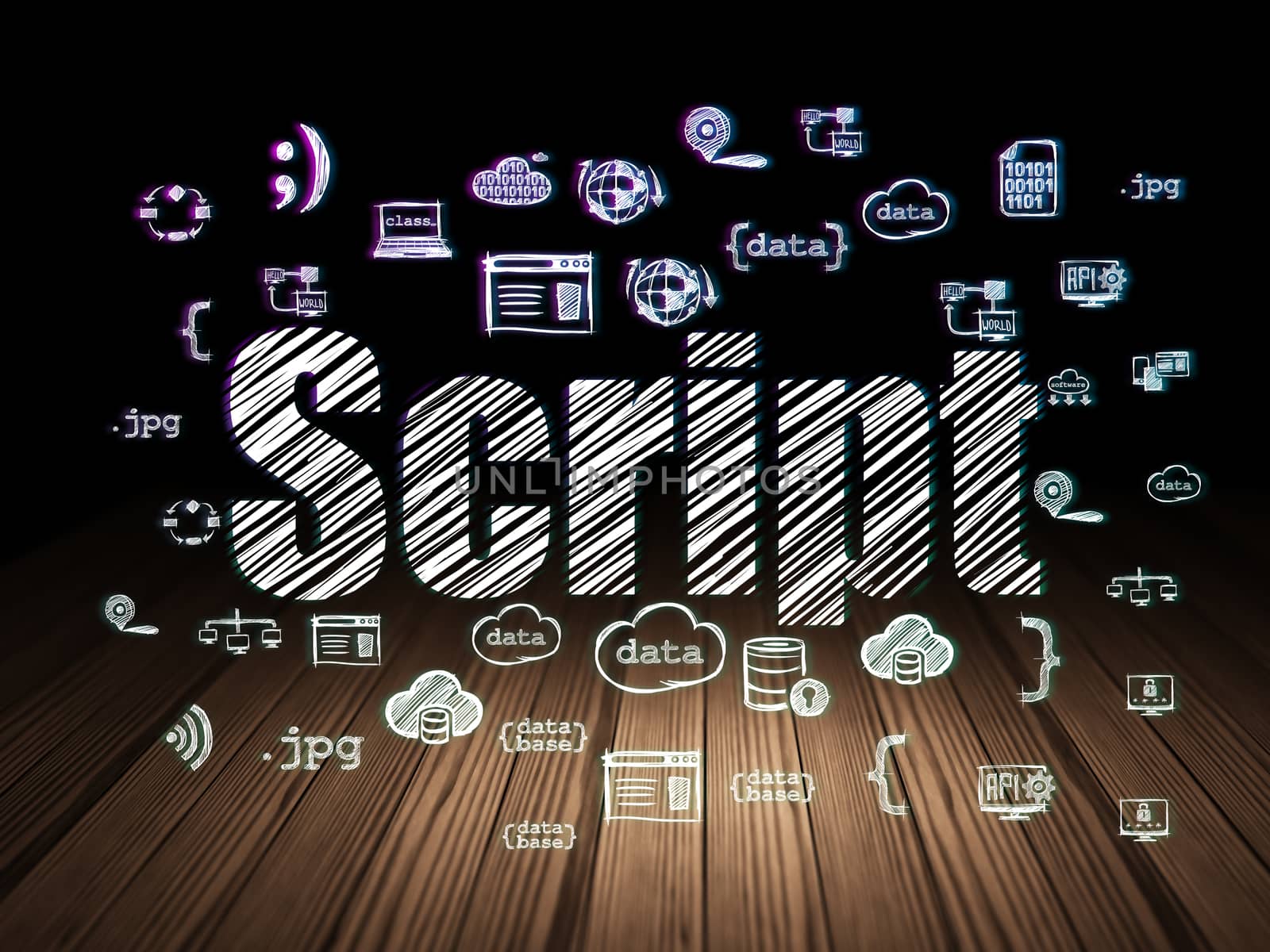Software concept: Glowing text Script,  Hand Drawn Programming Icons in grunge dark room with Wooden Floor, black background