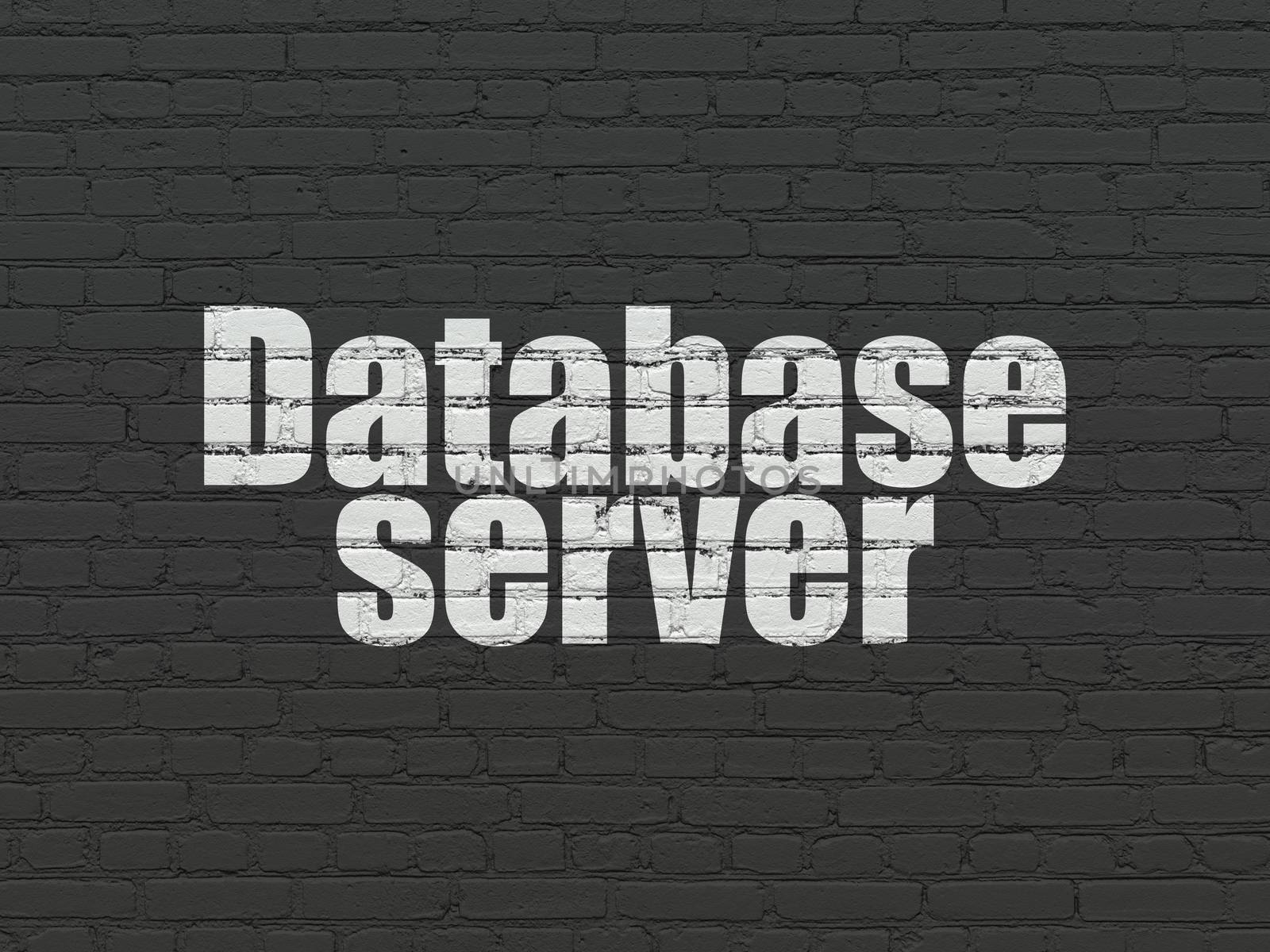 Database concept: Painted white text Database Server on Black Brick wall background