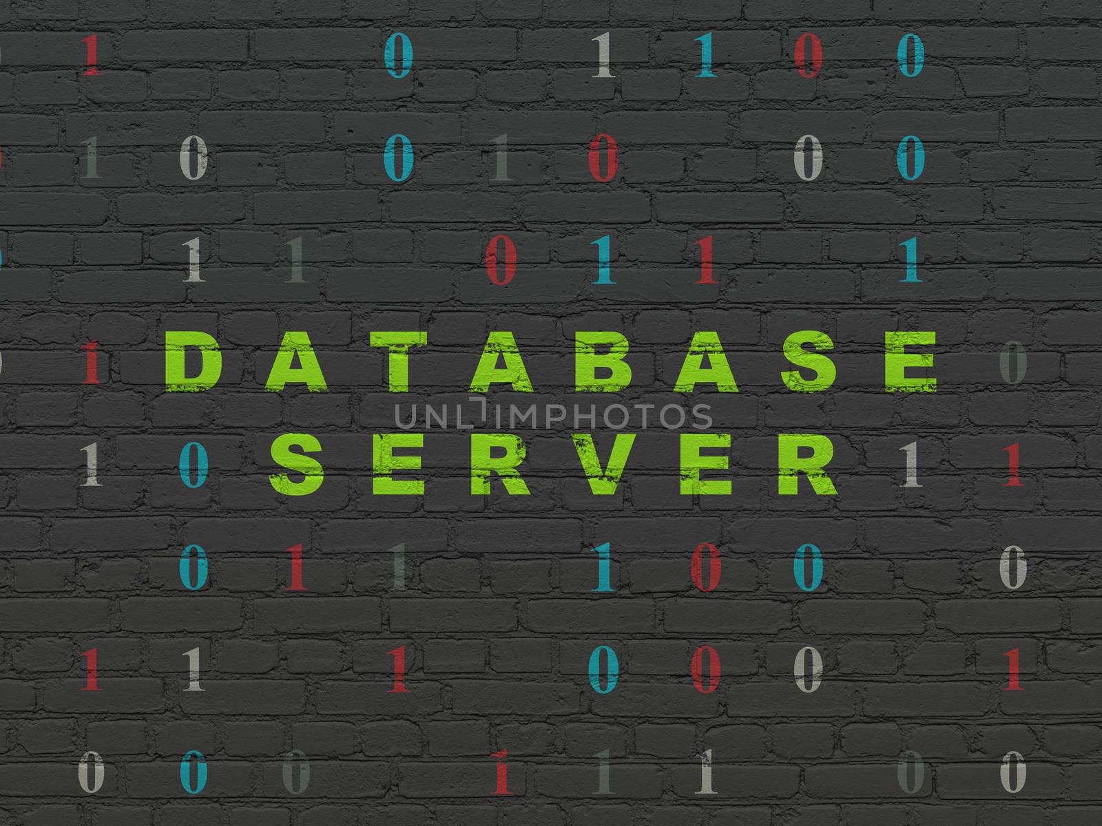 Software concept: Painted green text Database Server on Black Brick wall background with Binary Code