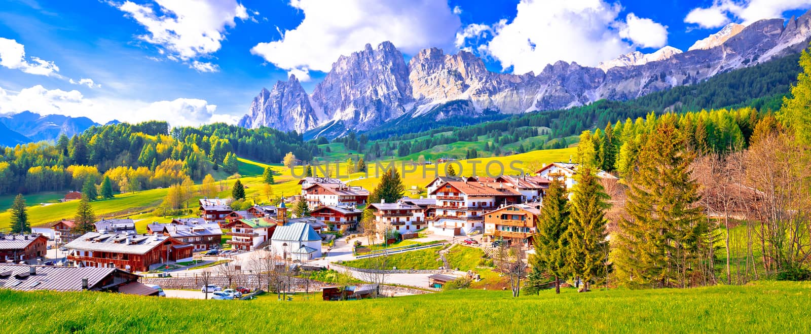 Alps landscape in Cortina D' Ampezzo panoramic view, idyllic mountain peaks of Dolomites, South Tyrol region of Italy