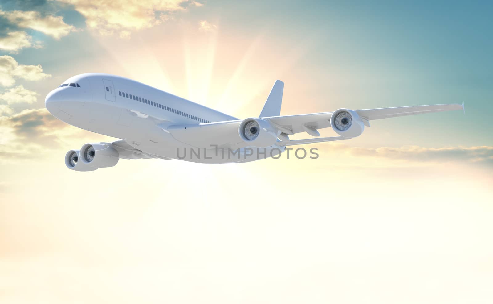 Commercial passenger airplane on beautiful colorful sunset background. 3d illustration